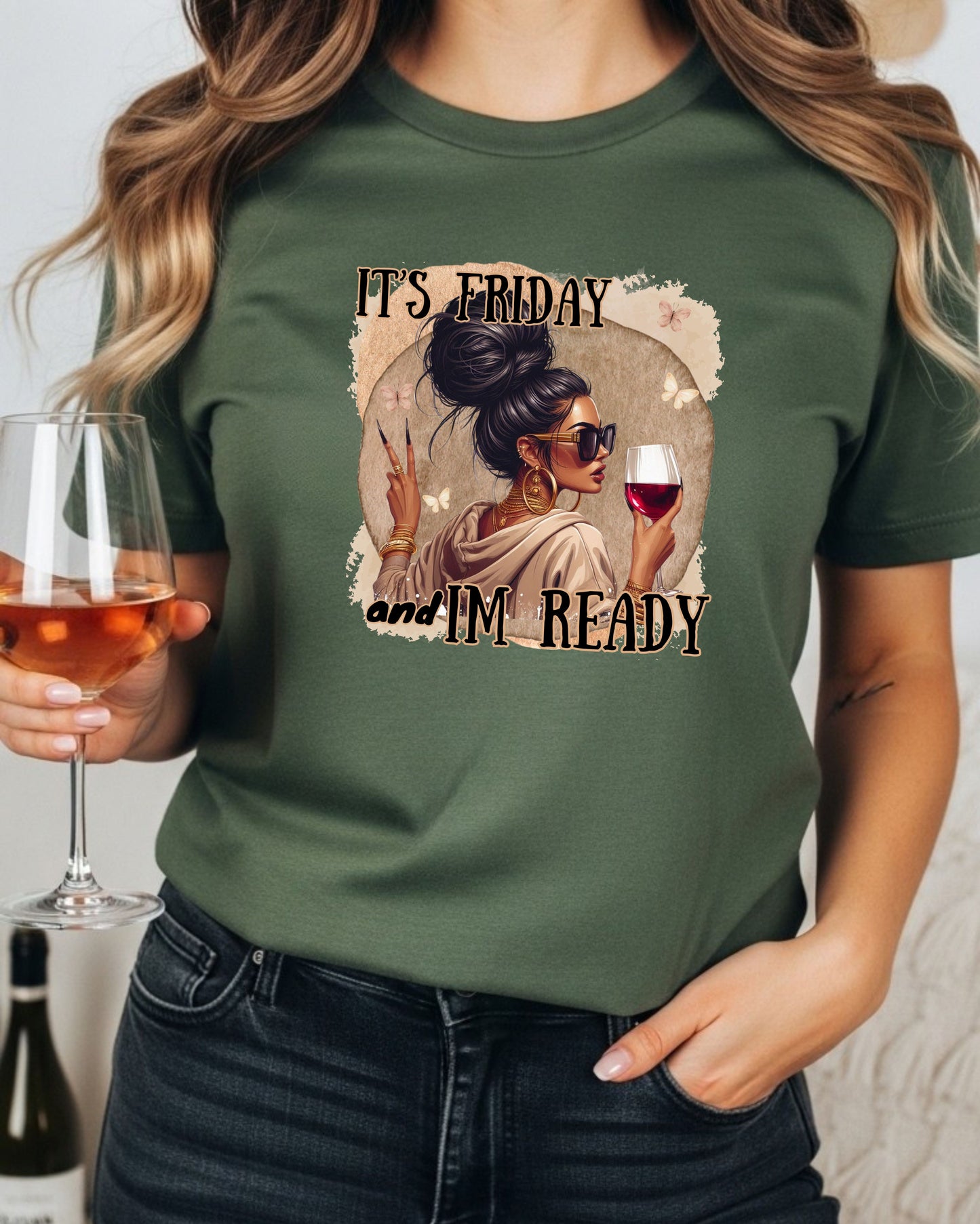 It’s Friday I’m Ready T‑Shirt  – Glam Woman with Wine, Weekend Vibes Graphic, Cute Girls’ Night Out Design
