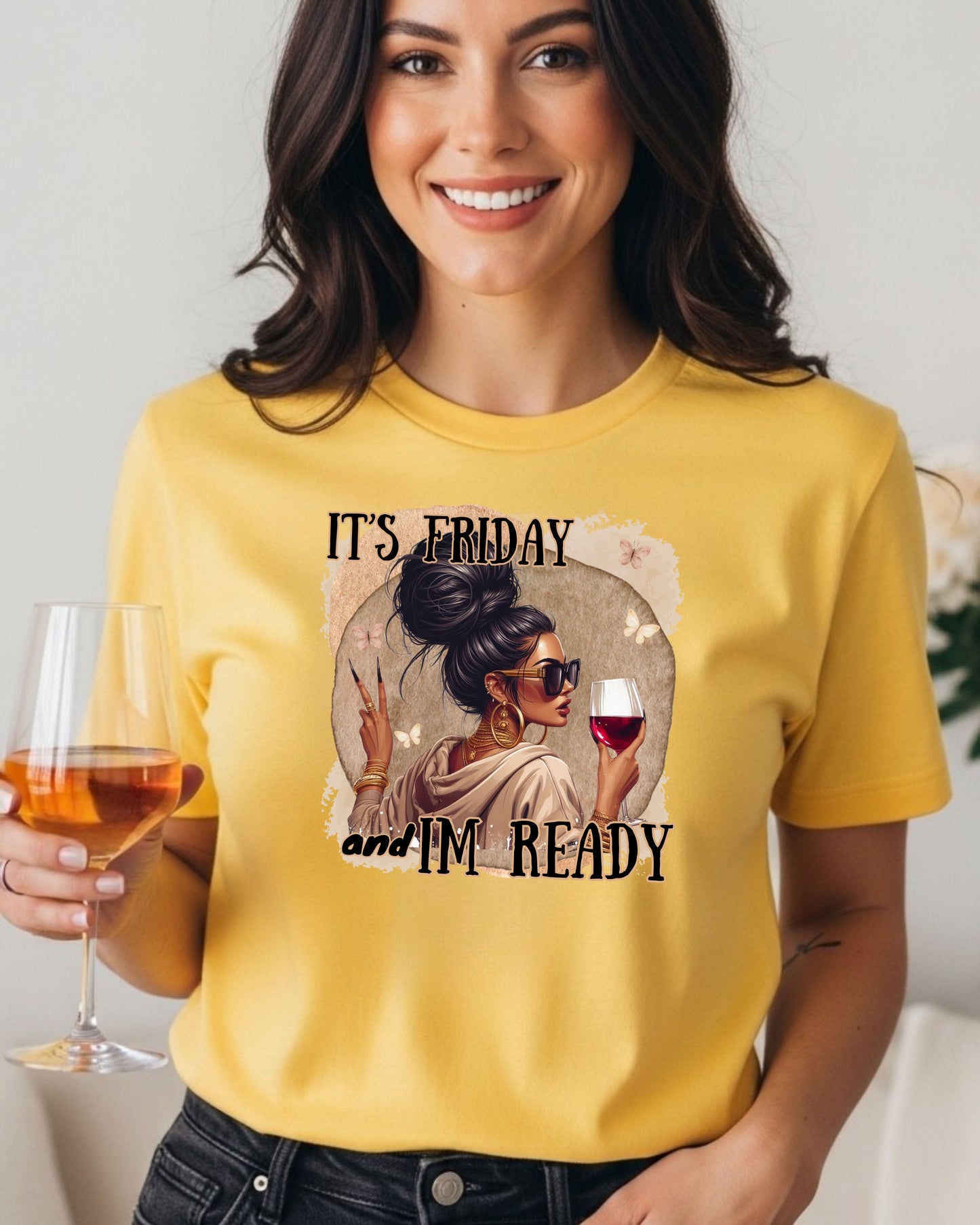 It’s Friday I’m Ready T‑Shirt  – Glam Woman with Wine, Weekend Vibes Graphic, Cute Girls’ Night Out Design