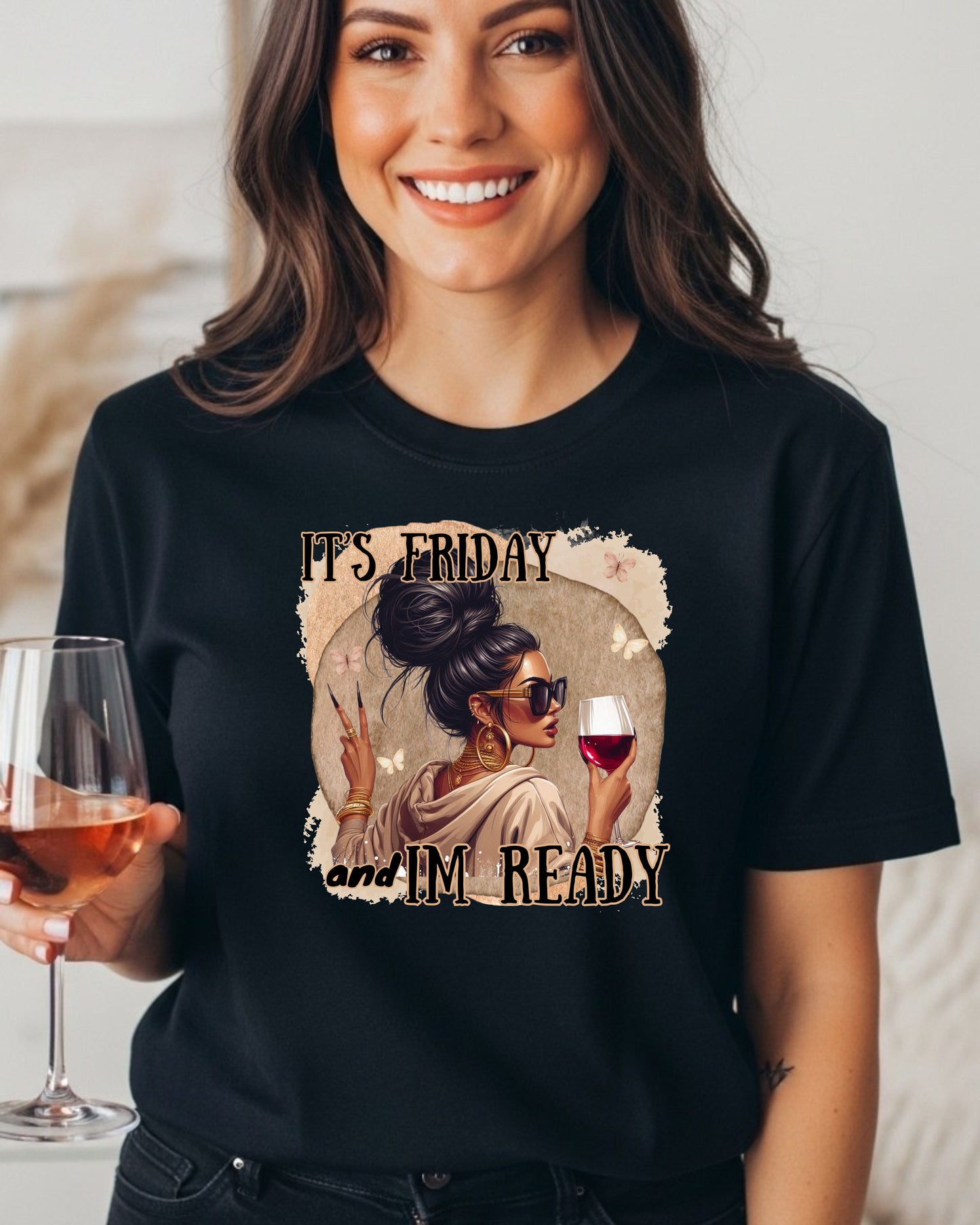 It’s Friday I’m Ready T‑Shirt  – Glam Woman with Wine, Weekend Vibes Graphic, Cute Girls’ Night Out Design