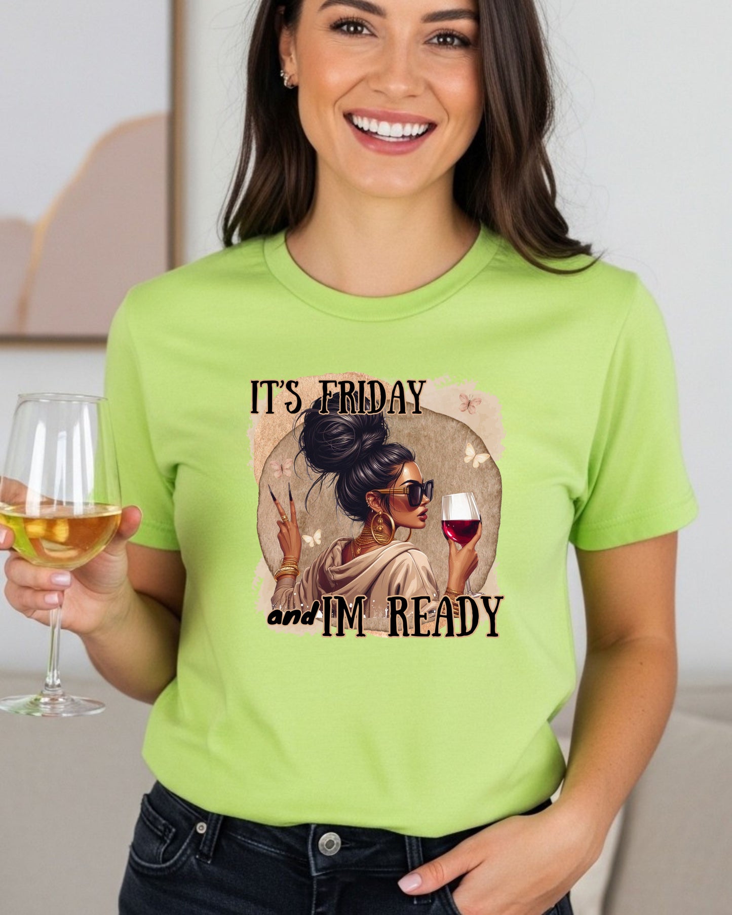 It’s Friday I’m Ready T‑Shirt  – Glam Woman with Wine, Weekend Vibes Graphic, Cute Girls’ Night Out Design