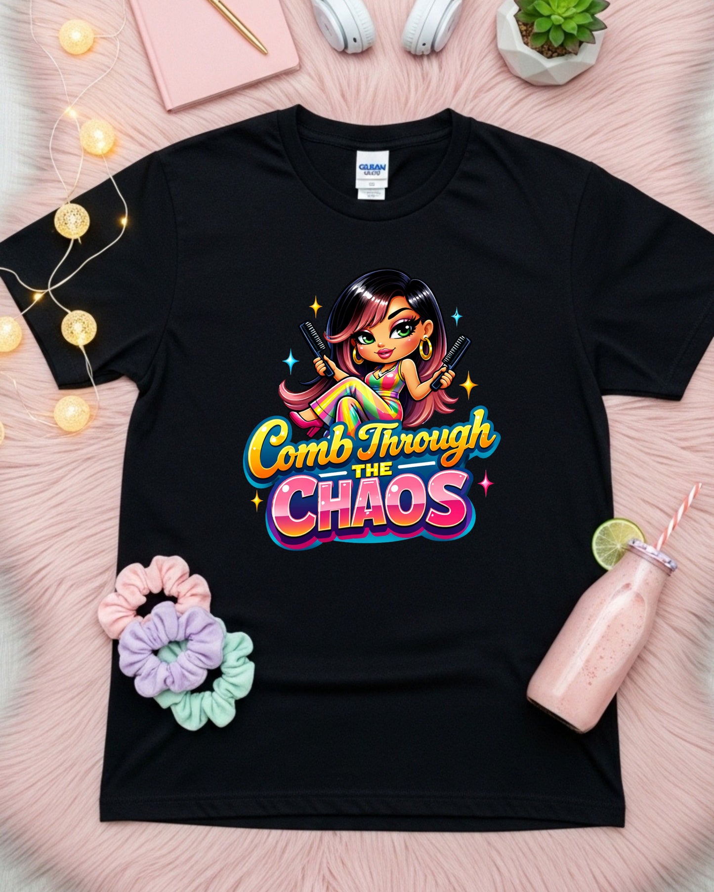 Comb Through the Chaos Shirt Funny Hairstylist Tee Colourful Salon Stylist T‑Shirt Braider Graphic Top Cosmetology Gift