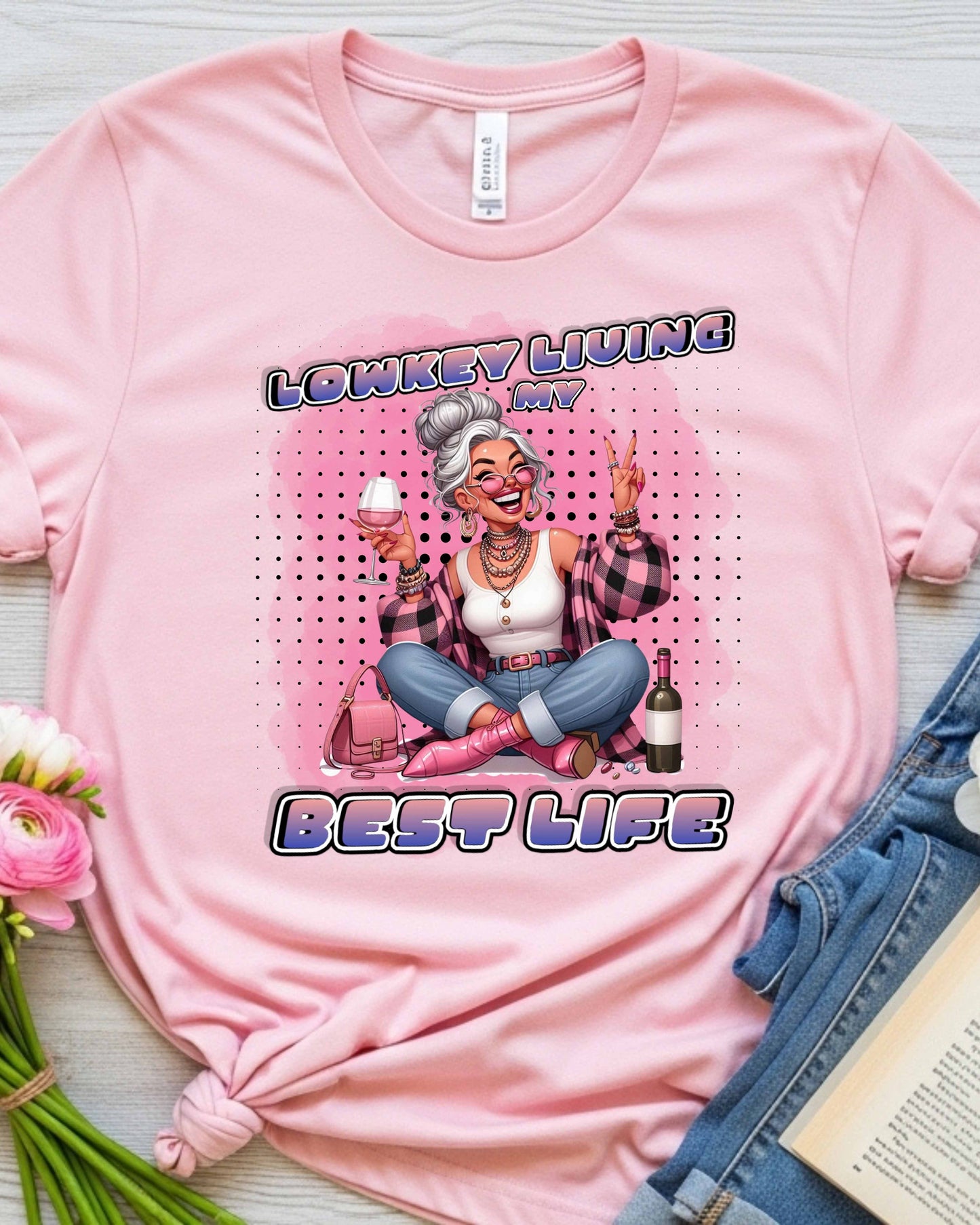 Lowkey Living My Best Life Graphic, Glam Wine‑Loving Woman Illustration, Funny Soft‑Life Aesthetic for Stickers, Gifts