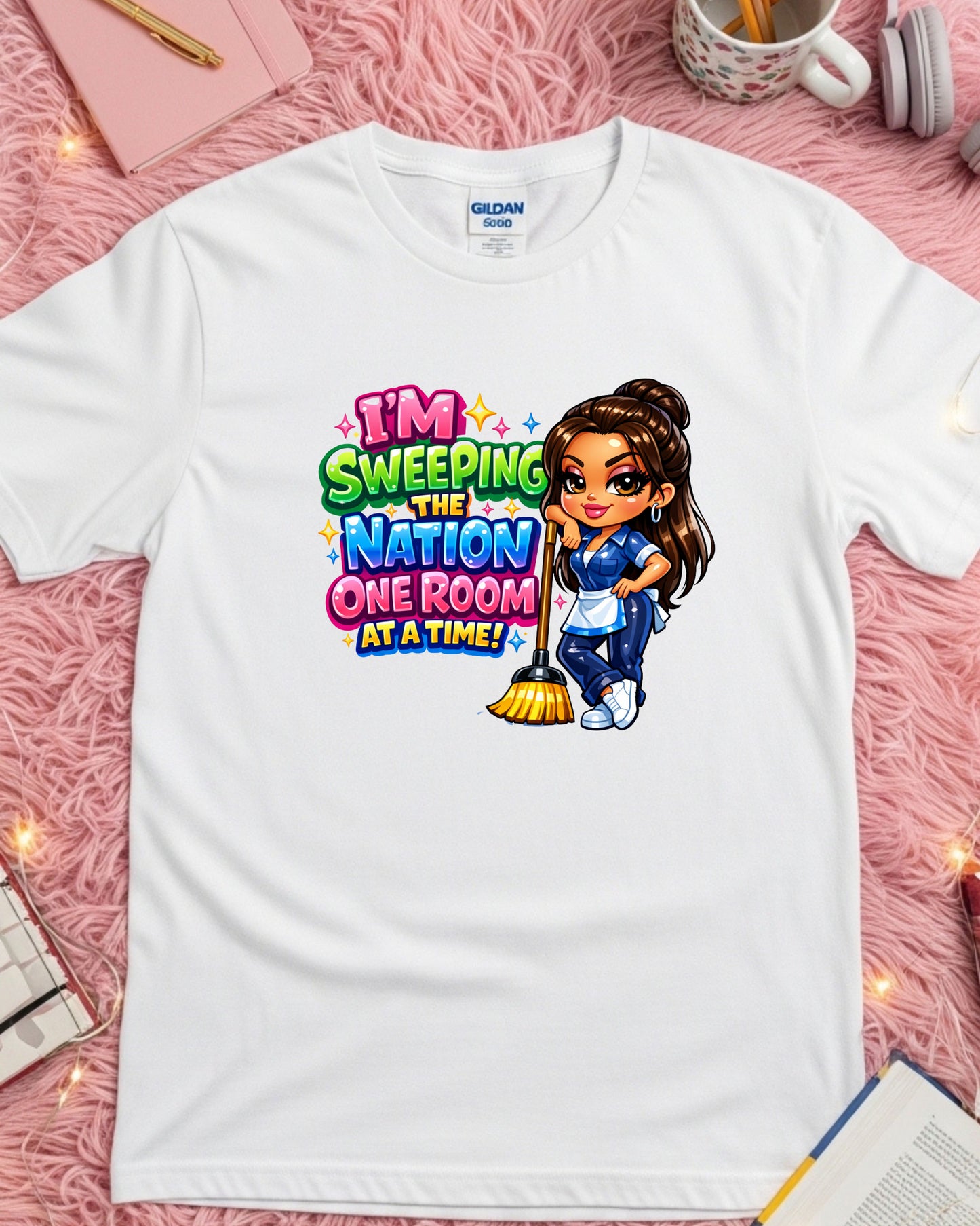 I’m Sweeping the Nation One Room at a Time Shirt Funny Cleaner Tee Housekeeper & Janitor T‑Shirt Cleaning Crew Graphic Top Custodian Gift for Women