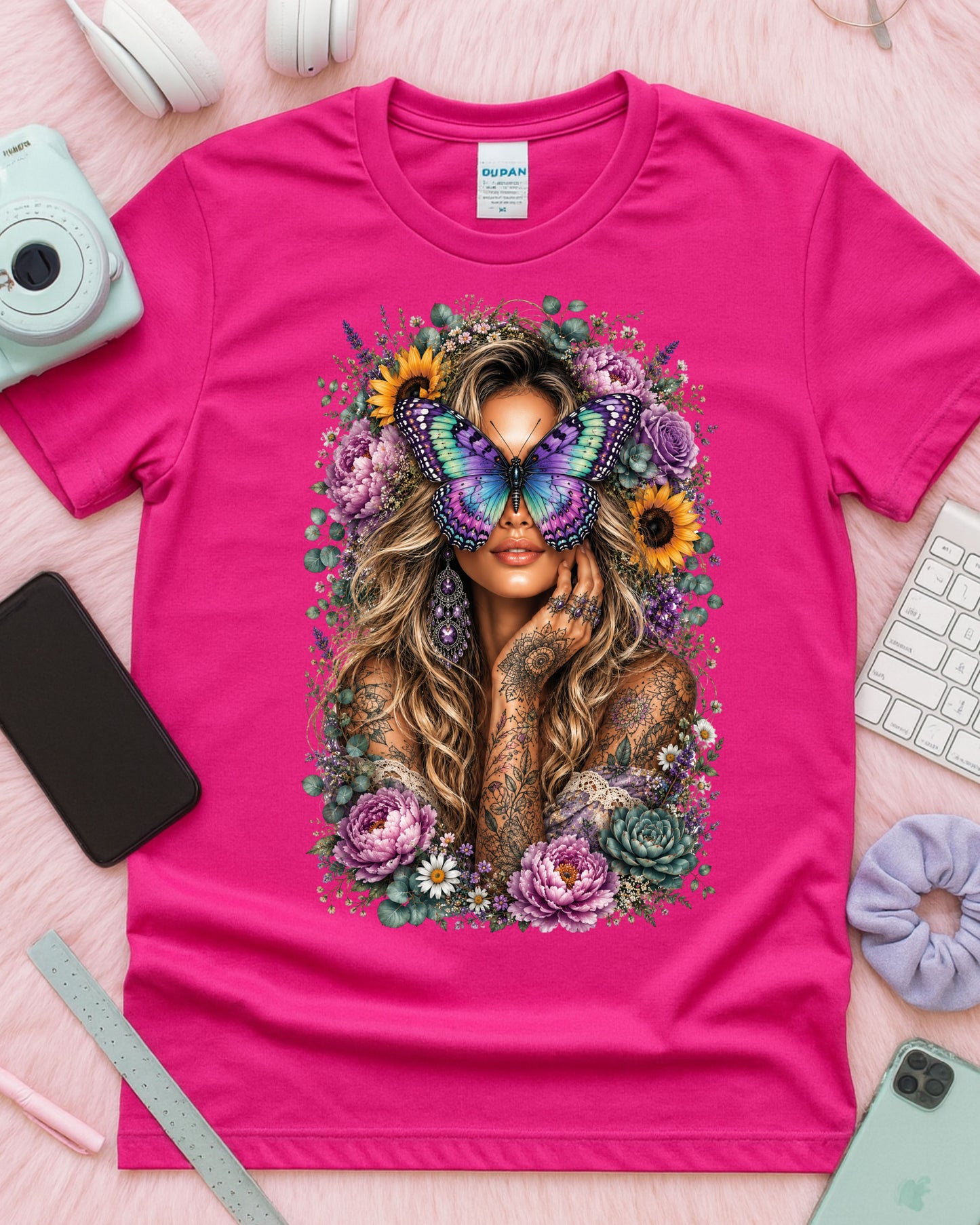Boho Butterfly Woman Shirt, Blonde Floral Tattoo Tee,