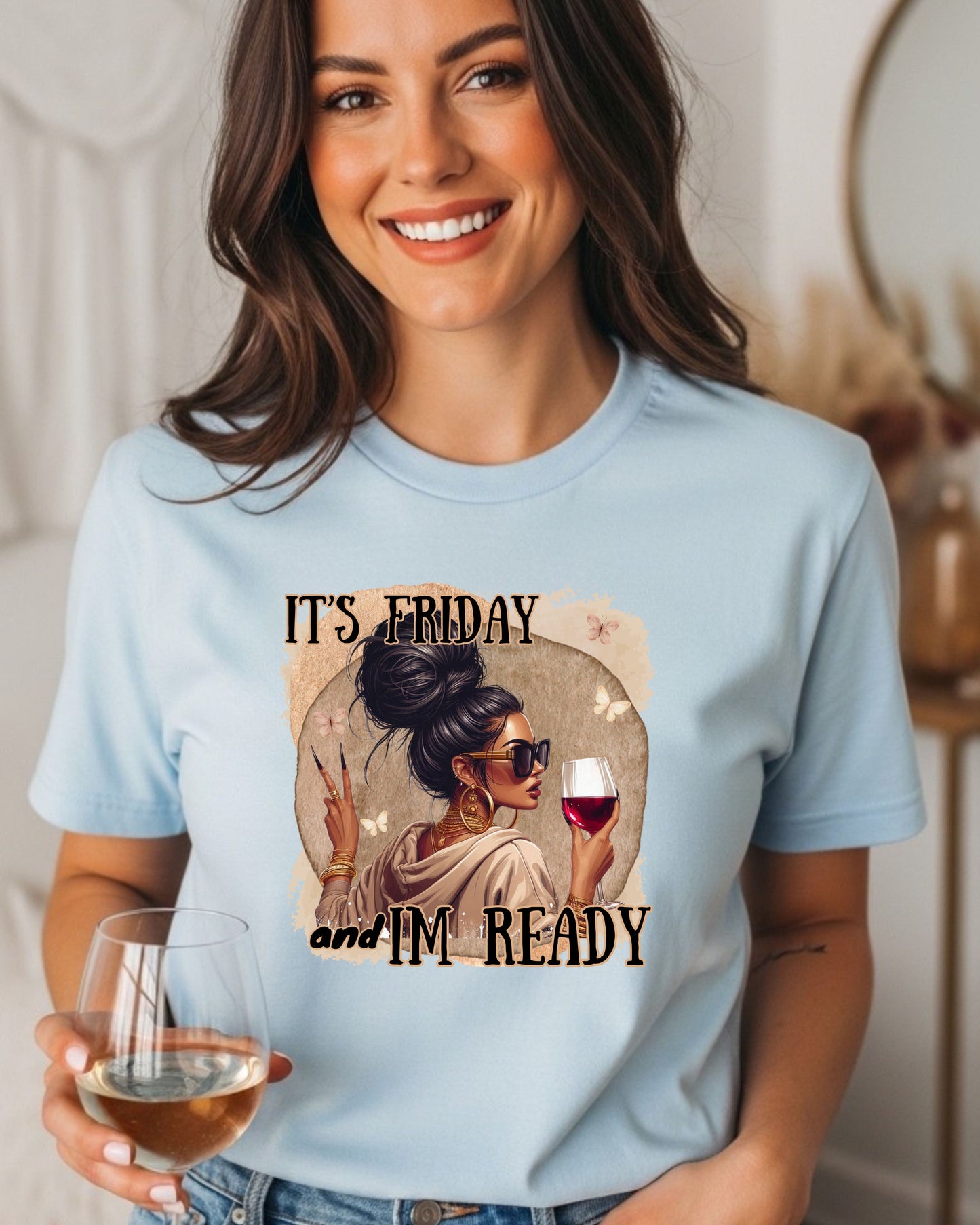It’s Friday I’m Ready T‑Shirt  – Glam Woman with Wine, Weekend Vibes Graphic, Cute Girls’ Night Out Design