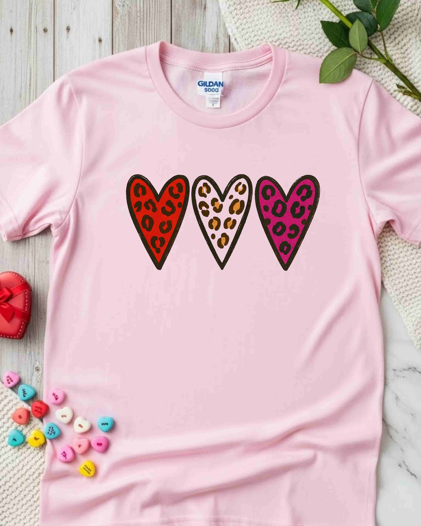 Leopard Print Valentine Hearts Shirt – Trio of Colorful Animal Print Love Hearts Tee – Bold Valentine’s Day T‑Shirt for Women, Cute Galentine’s Gift