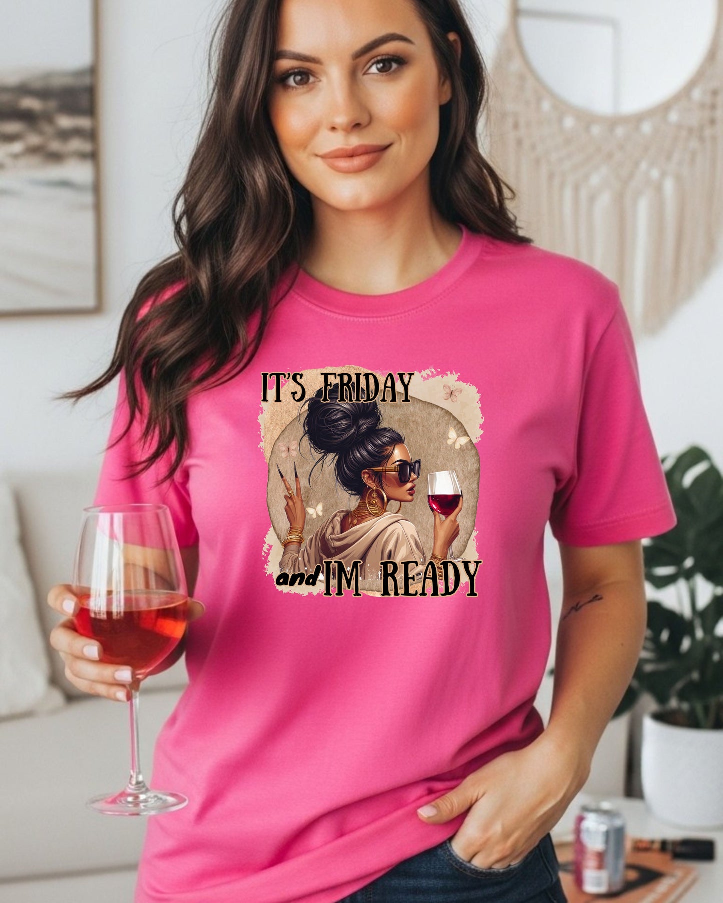 It’s Friday I’m Ready T‑Shirt  – Glam Woman with Wine, Weekend Vibes Graphic, Cute Girls’ Night Out Design