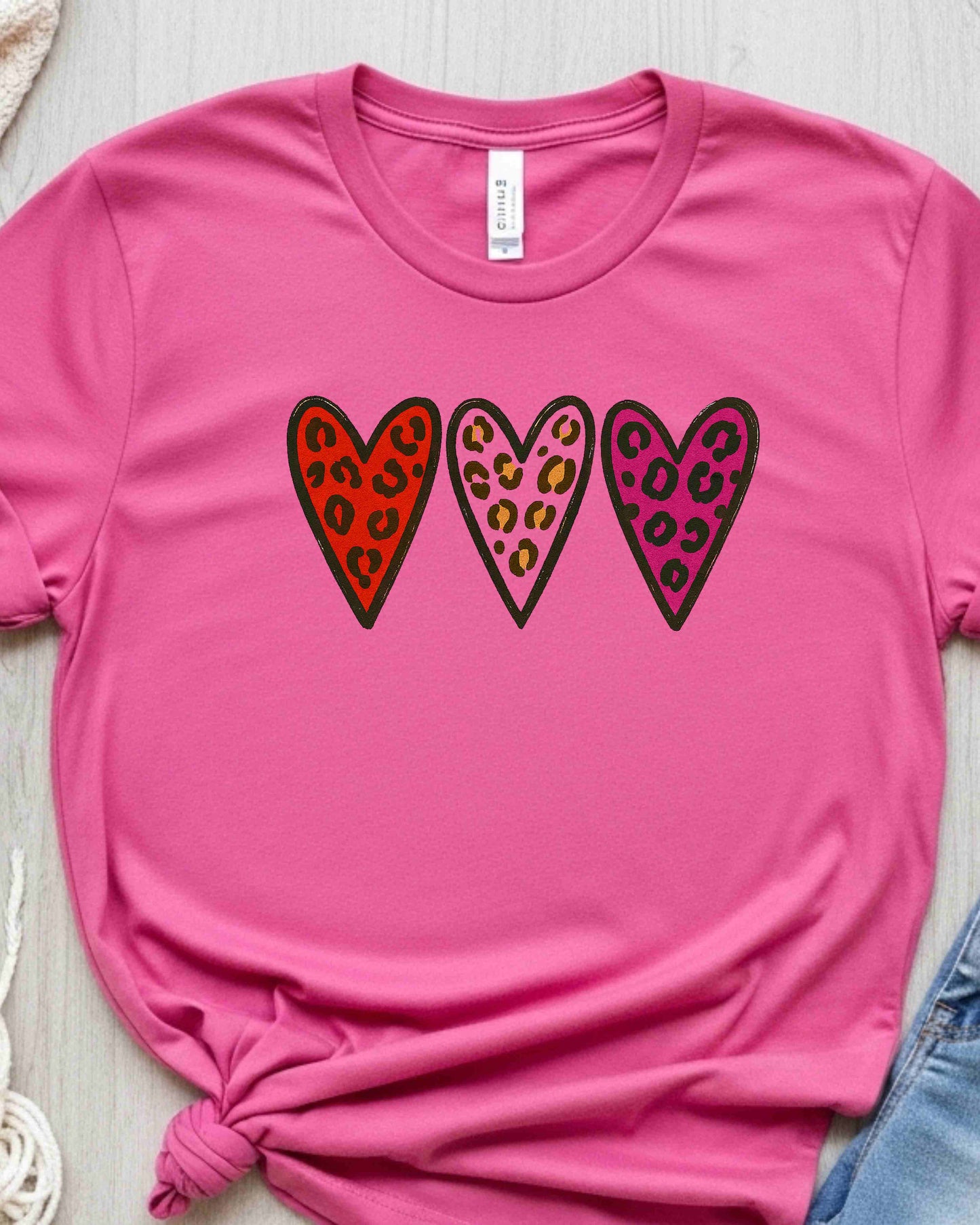 Leopard Print Valentine Hearts Shirt – Trio of Colorful Animal Print Love Hearts Tee – Bold Valentine’s Day T‑Shirt for Women, Cute Galentine’s Gift