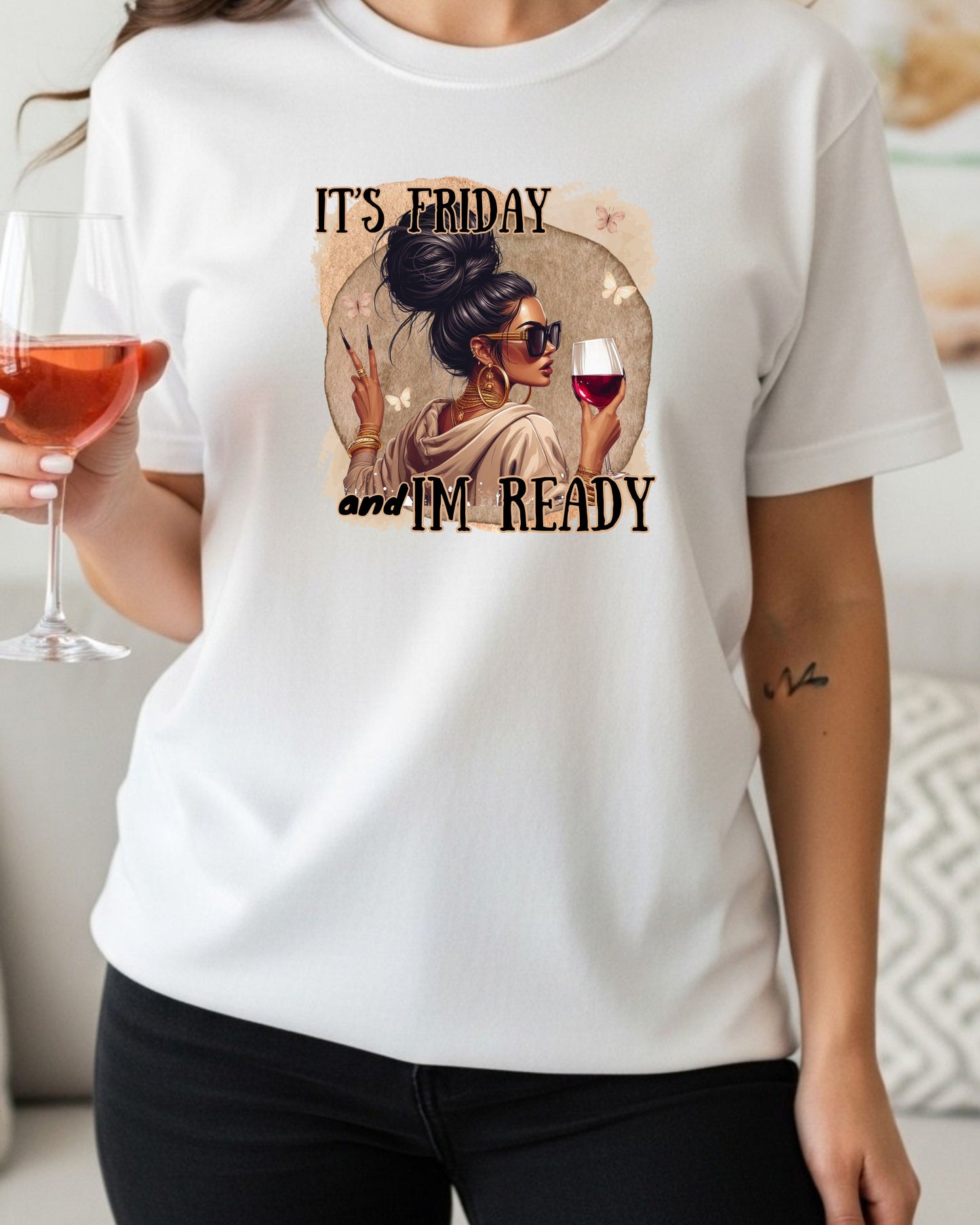 It’s Friday I’m Ready T‑Shirt  – Glam Woman with Wine, Weekend Vibes Graphic, Cute Girls’ Night Out Design