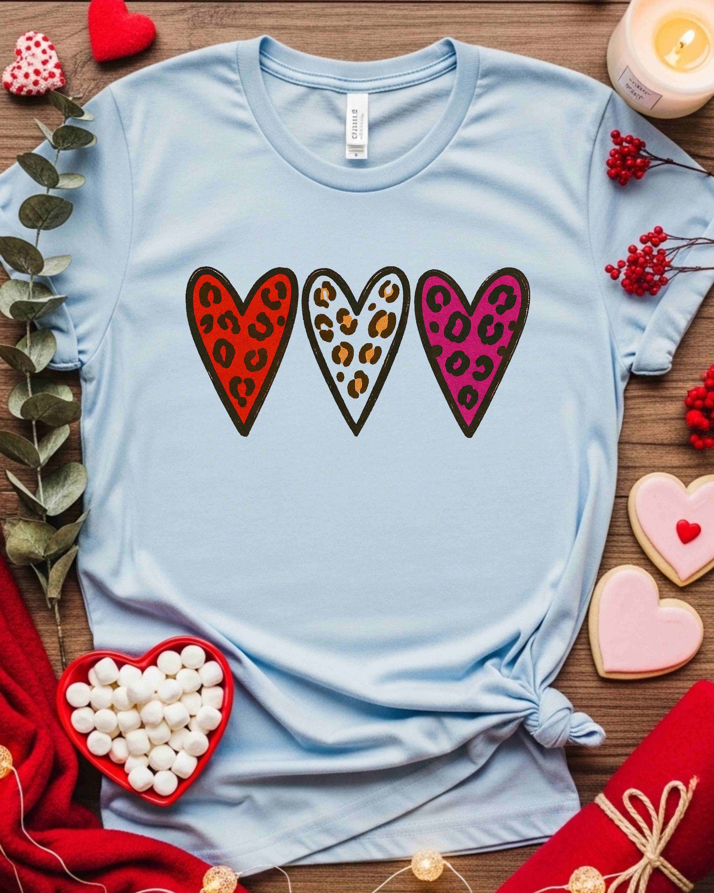 Leopard Print Valentine Hearts Shirt – Trio of Colorful Animal Print Love Hearts Tee – Bold Valentine’s Day T‑Shirt for Women, Cute Galentine’s Gift
