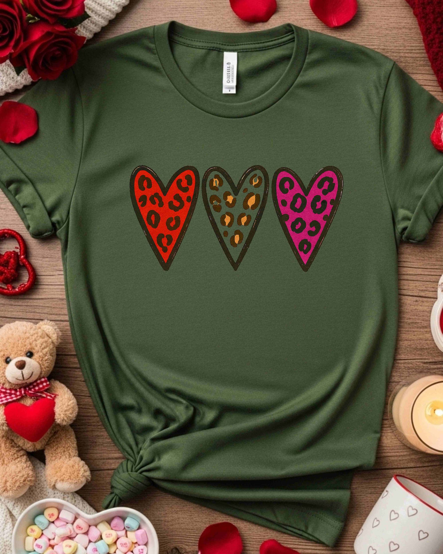 Leopard Print Valentine Hearts Shirt – Trio of Colorful Animal Print Love Hearts Tee – Bold Valentine’s Day T‑Shirt for Women, Cute Galentine’s Gift