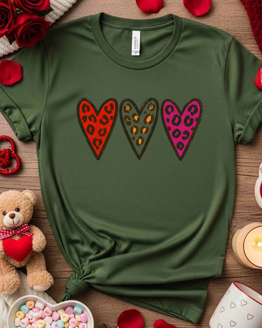 Leopard Print Valentine Hearts Shirt – Trio of Colorful Animal Print Love Hearts Tee – Bold Valentine’s Day T‑Shirt for Women, Cute Galentine’s Gift
