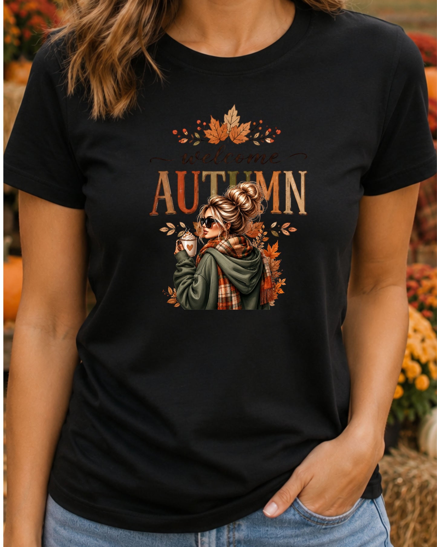 Welcome Autumn Cozy Fall Girl with Coffee Design Fall Season T-Shirt