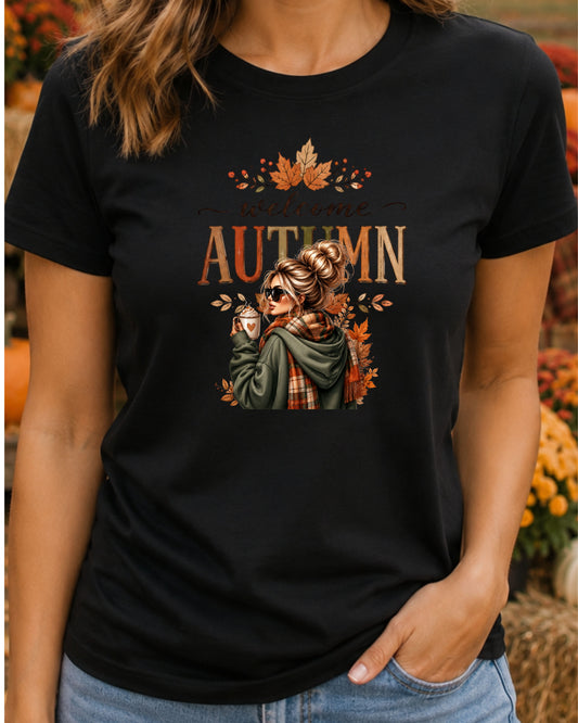 Welcome Autumn Cozy Fall Girl with Coffee Design Fall Season T-Shirt