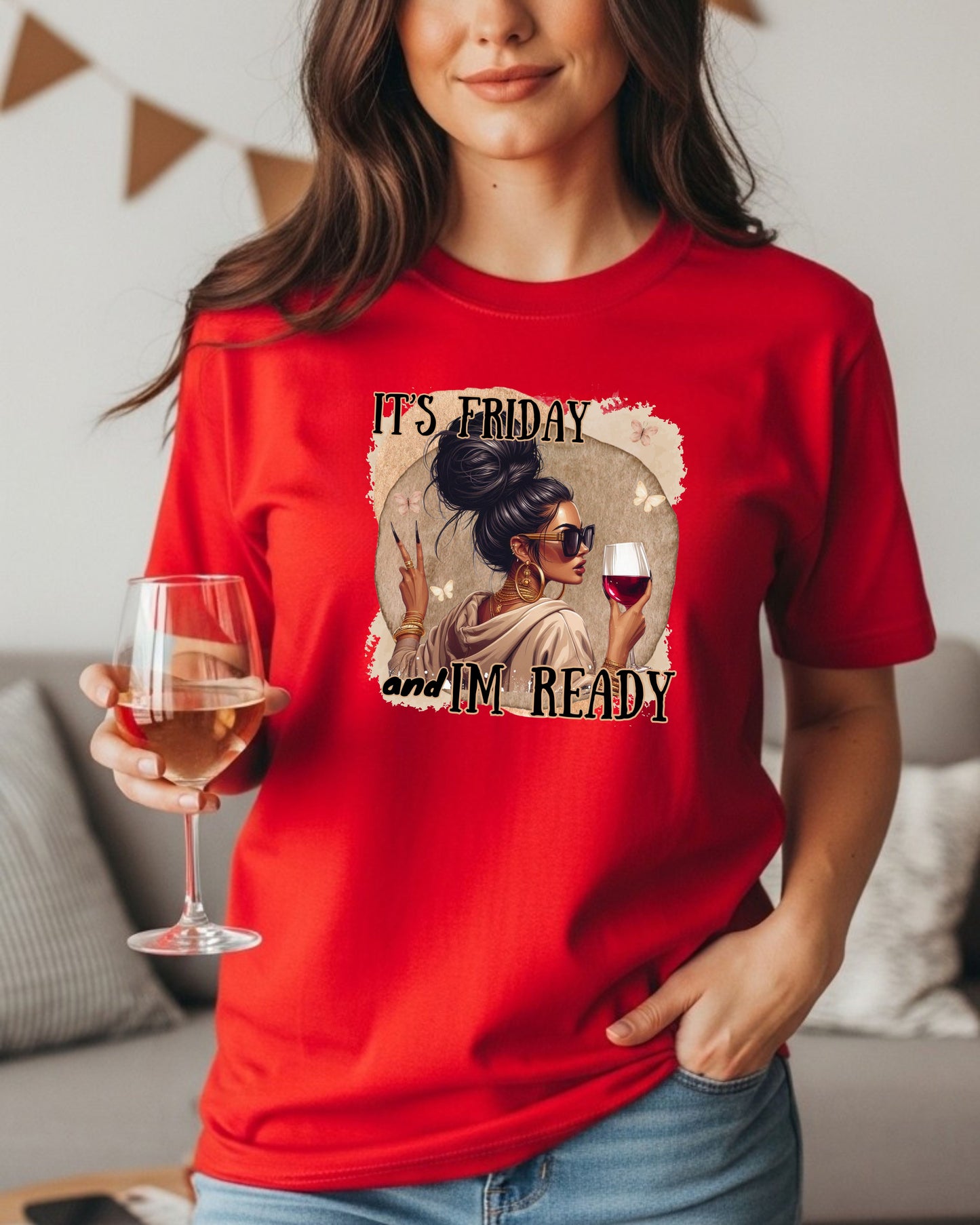 It’s Friday I’m Ready T‑Shirt  – Glam Woman with Wine, Weekend Vibes Graphic, Cute Girls’ Night Out Design