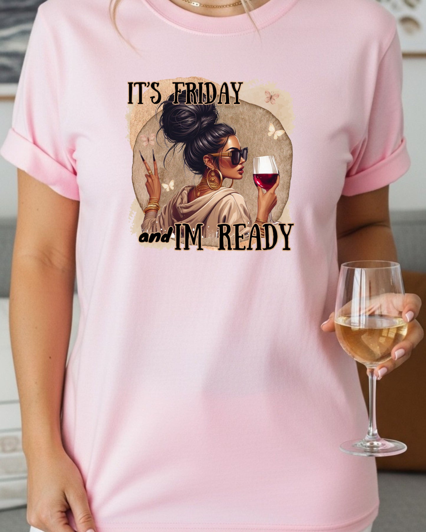 It’s Friday I’m Ready T‑Shirt  – Glam Woman with Wine, Weekend Vibes Graphic, Cute Girls’ Night Out Design