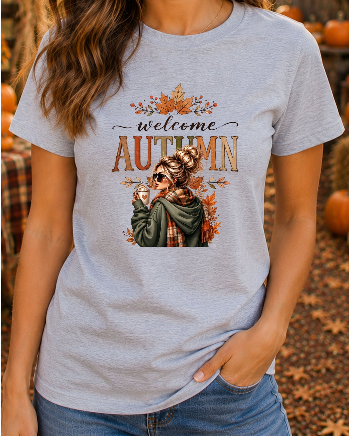 Welcome Autumn Cozy Fall Girl with Coffee Design Fall Season T-Shirt
