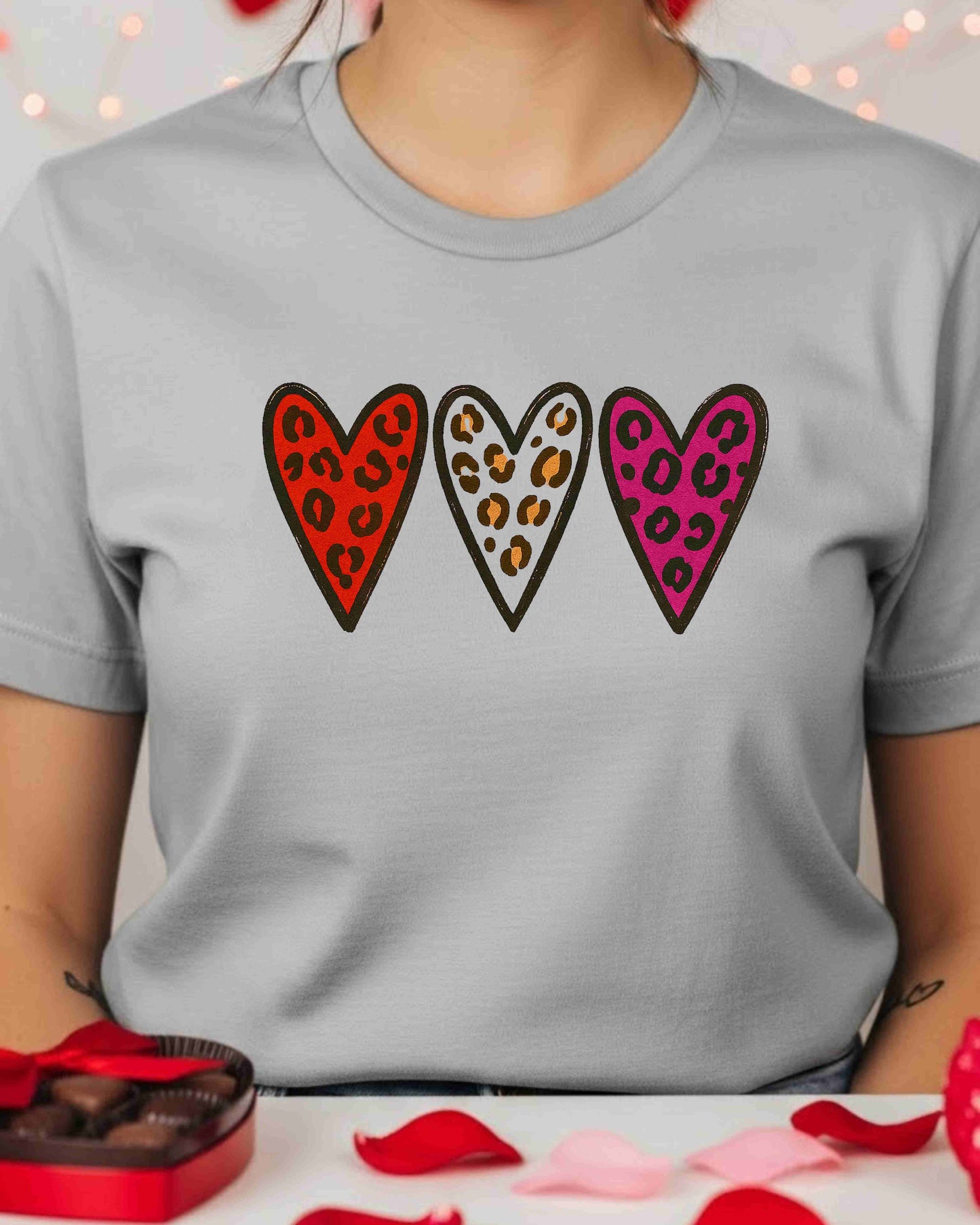 Leopard Print Valentine Hearts Shirt – Trio of Colorful Animal Print Love Hearts Tee – Bold Valentine’s Day T‑Shirt for Women, Cute Galentine’s Gift