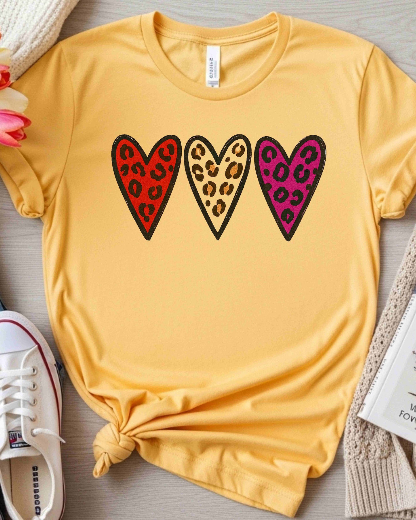 Leopard Print Valentine Hearts Shirt – Trio of Colorful Animal Print Love Hearts Tee – Bold Valentine’s Day T‑Shirt for Women, Cute Galentine’s Gift