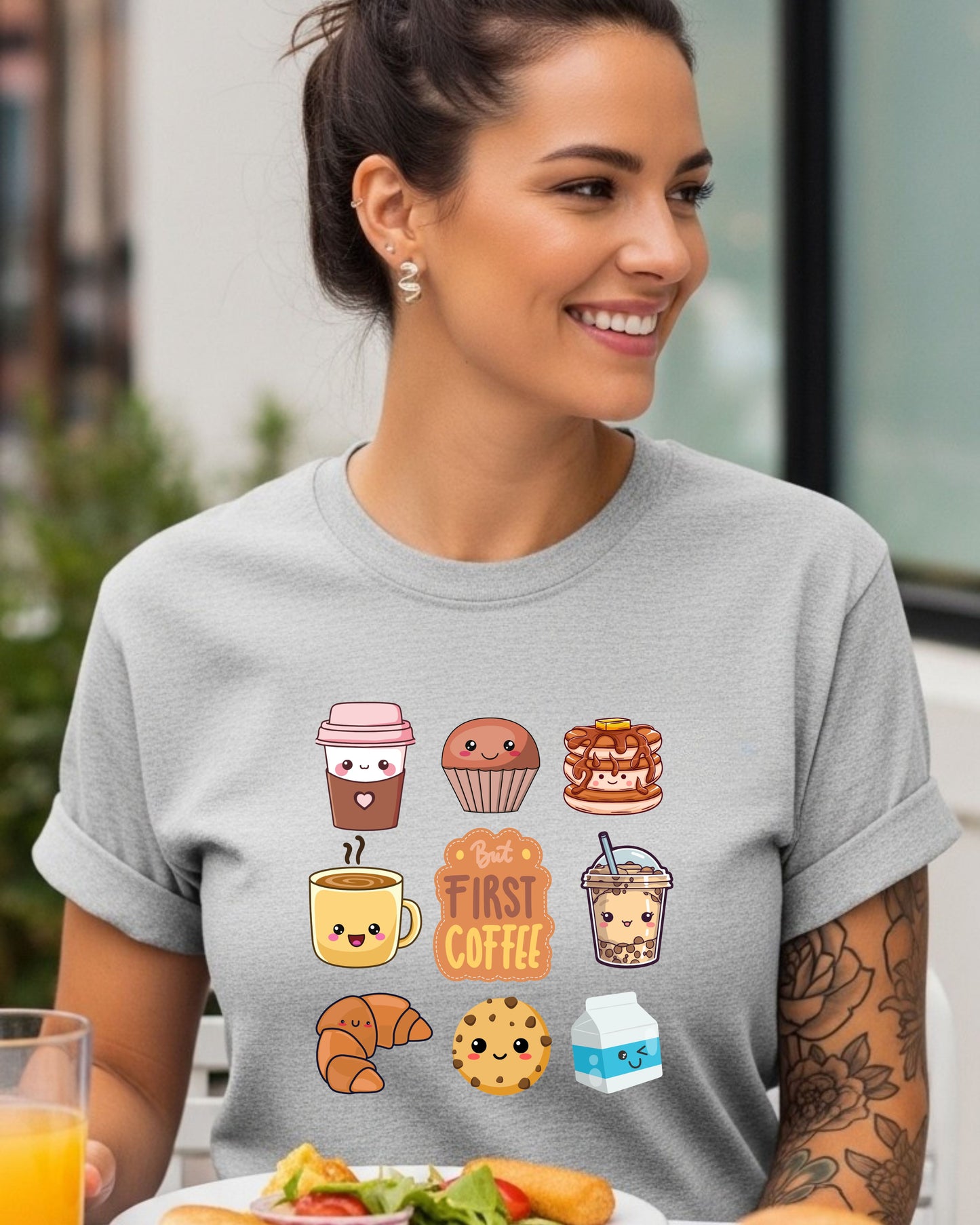 Kawaii Breakfast Coffee T‑Shirt PNG – Cute But First Coffee Graphic with Pancakes, Boba, Croissant & Smiling Café Characters for DTG & Sublimation