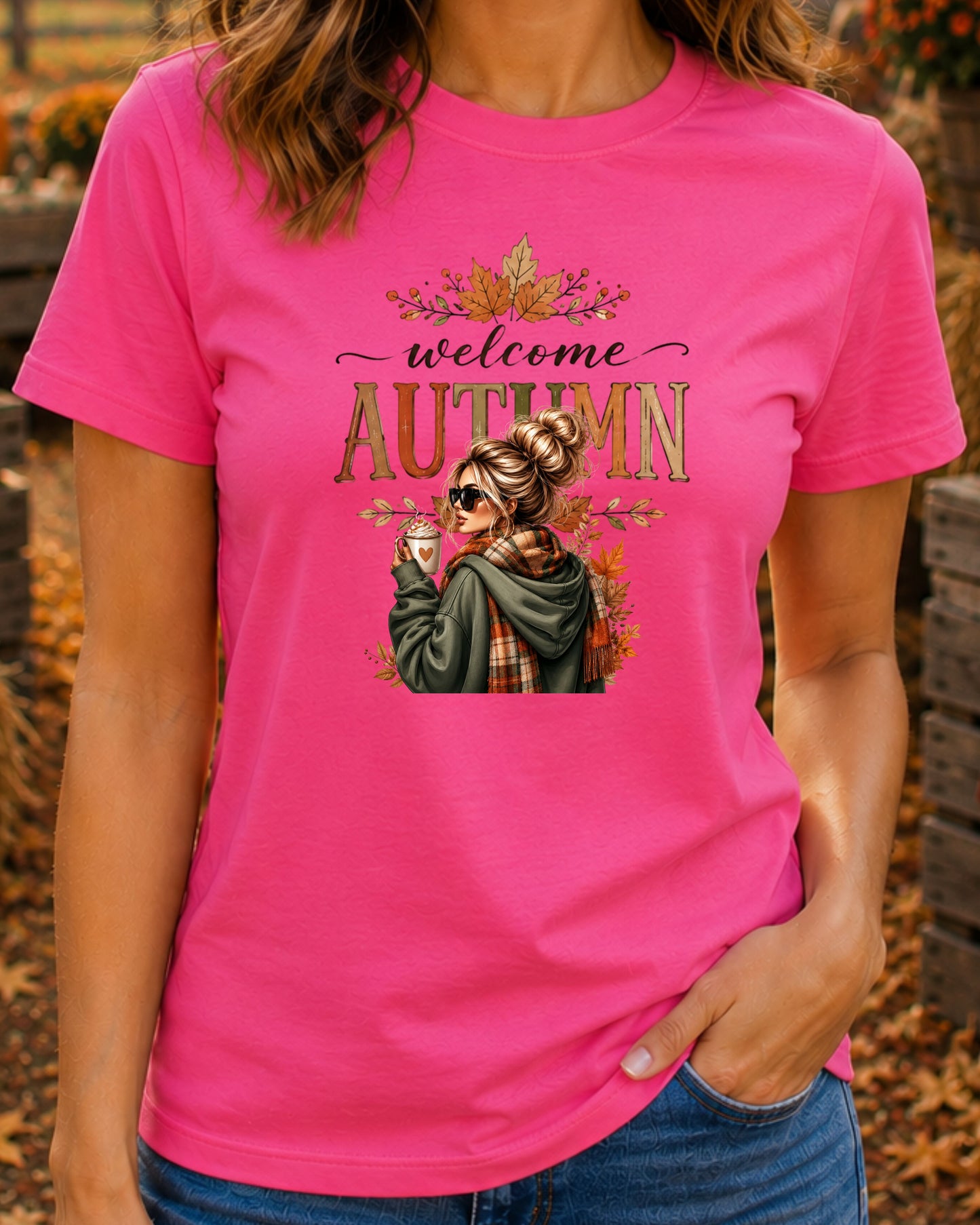 Welcome Autumn Cozy Fall Girl with Coffee Design Fall Season T-Shirt