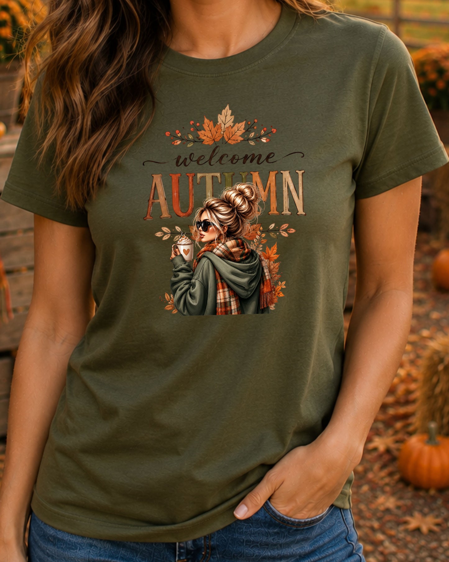 Welcome Autumn Cozy Fall Girl with Coffee Design Fall Season T-Shirt
