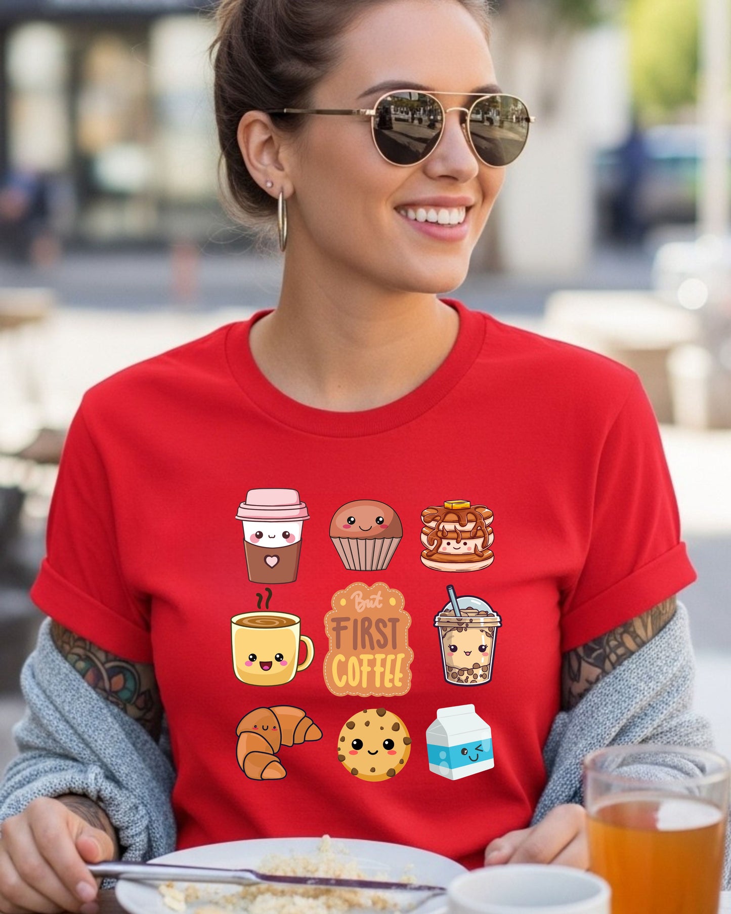 Kawaii Breakfast Coffee T‑Shirt PNG – Cute But First Coffee Graphic with Pancakes, Boba, Croissant & Smiling Café Characters for DTG & Sublimation