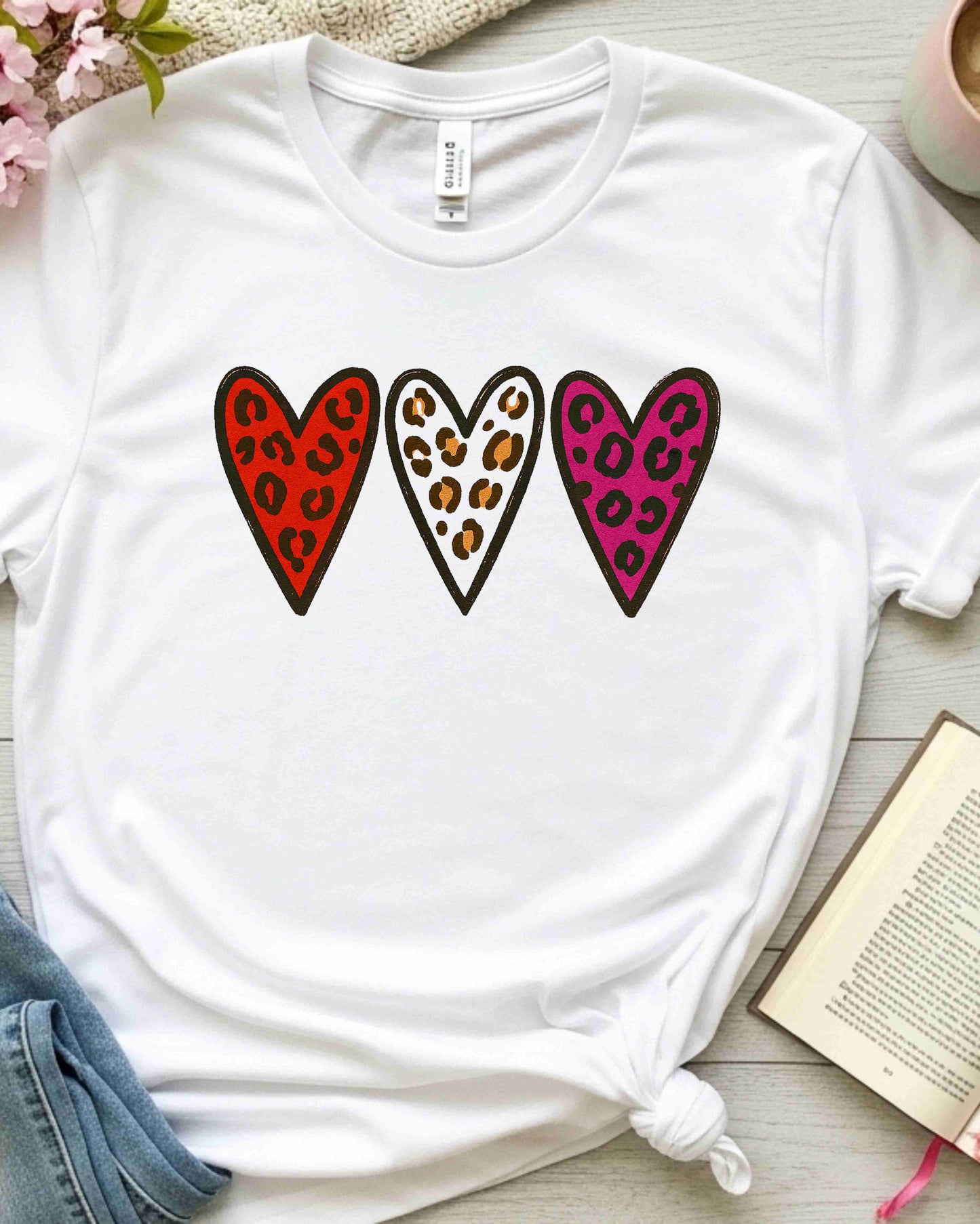 Leopard Print Valentine Hearts Shirt – Trio of Colorful Animal Print Love Hearts Tee – Bold Valentine’s Day T‑Shirt for Women, Cute Galentine’s Gift