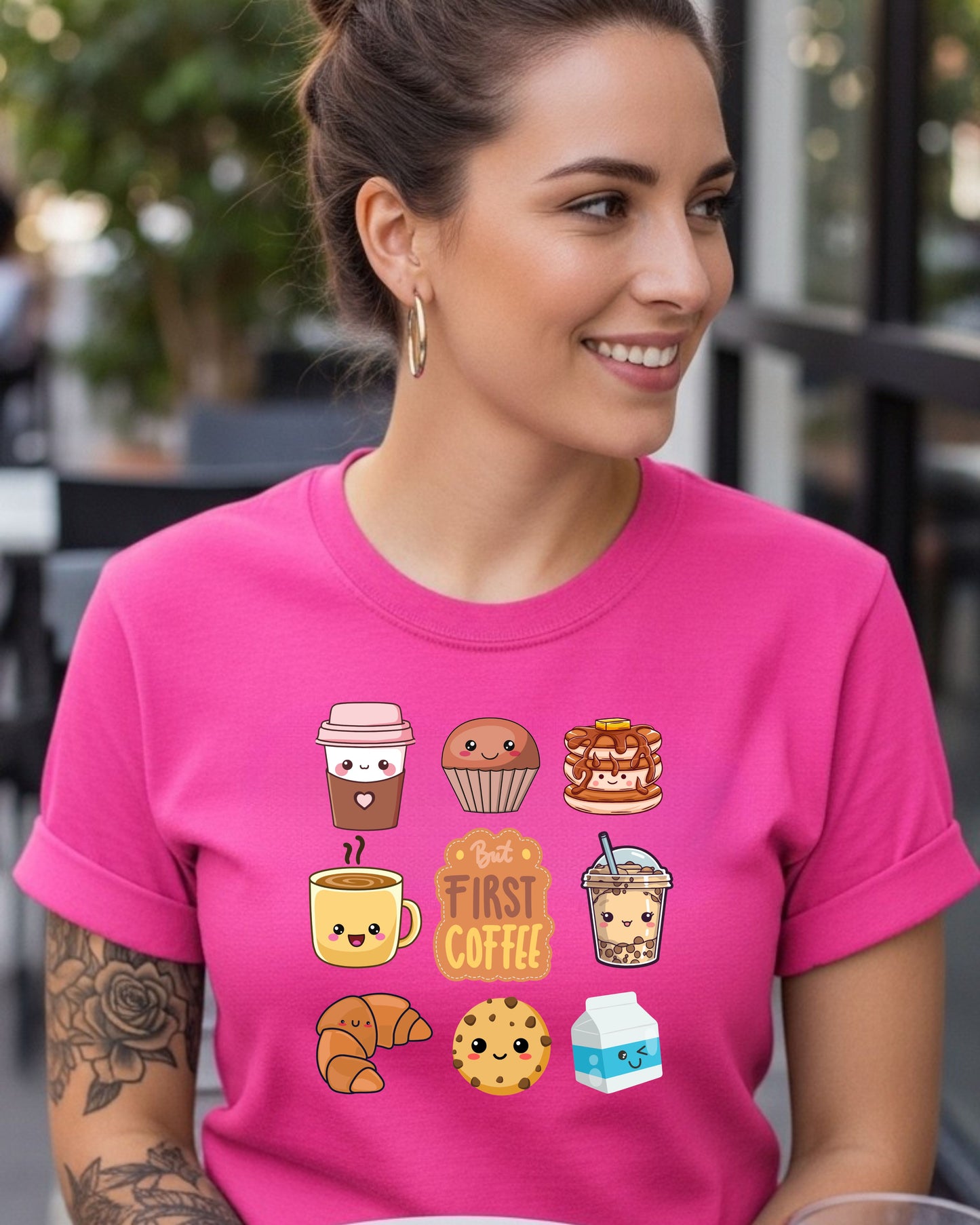 Kawaii Breakfast Coffee T‑Shirt PNG – Cute But First Coffee Graphic with Pancakes, Boba, Croissant & Smiling Café Characters for DTG & Sublimation