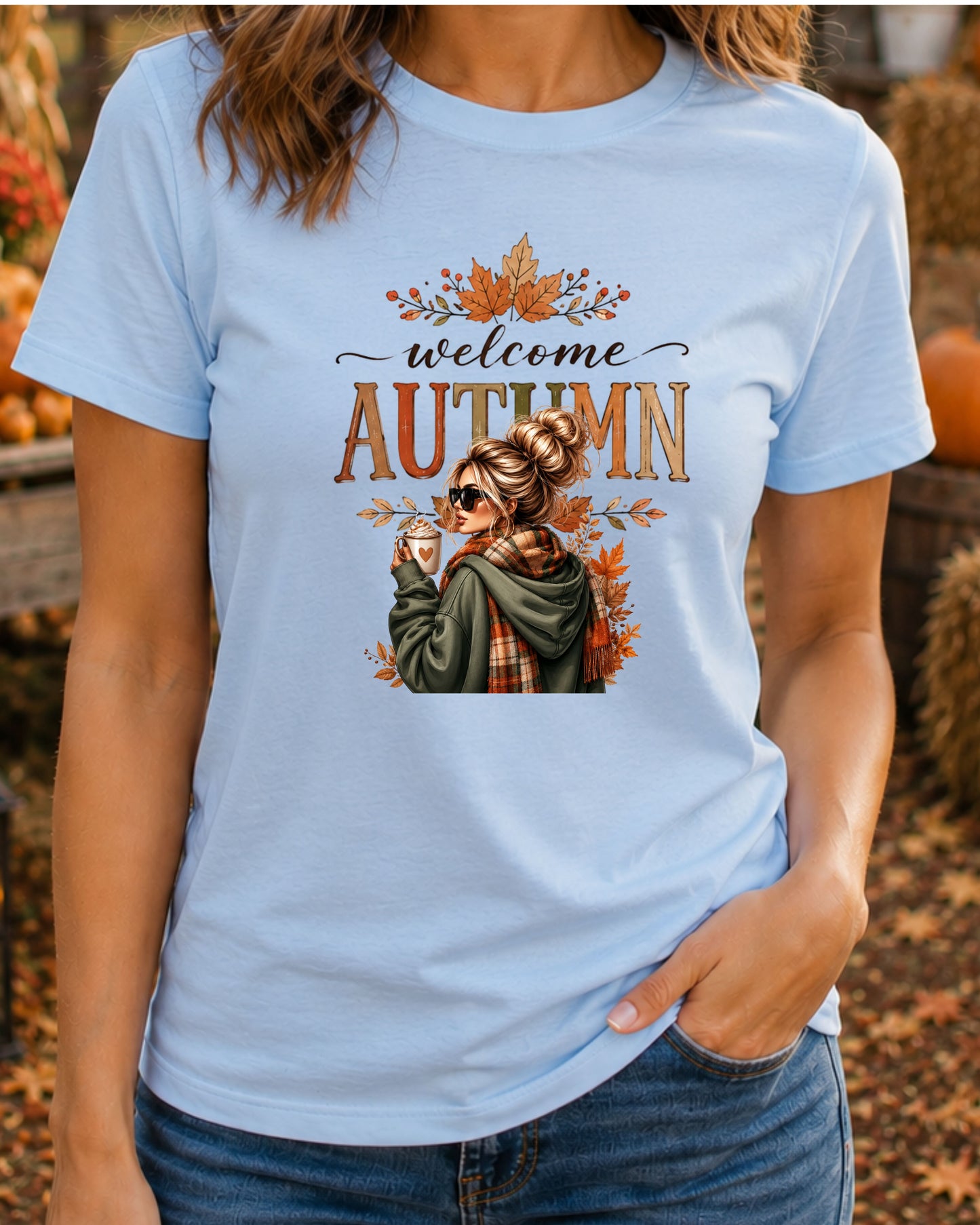 Welcome Autumn Cozy Fall Girl with Coffee Design Fall Season T-Shirt