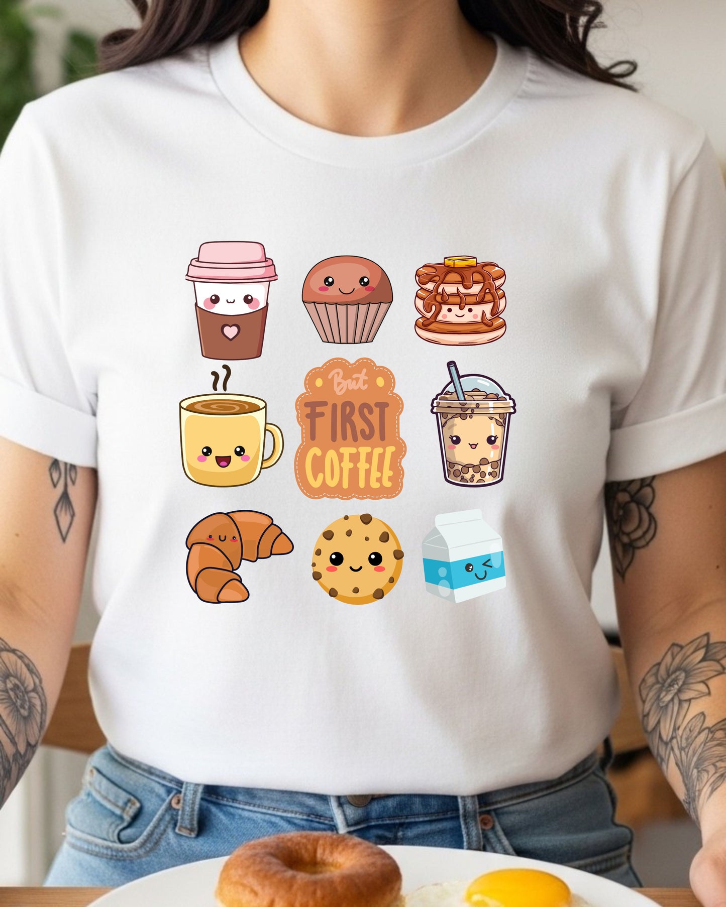 Kawaii Breakfast Coffee T‑Shirt PNG – Cute But First Coffee Graphic with Pancakes, Boba, Croissant & Smiling Café Characters for DTG & Sublimation