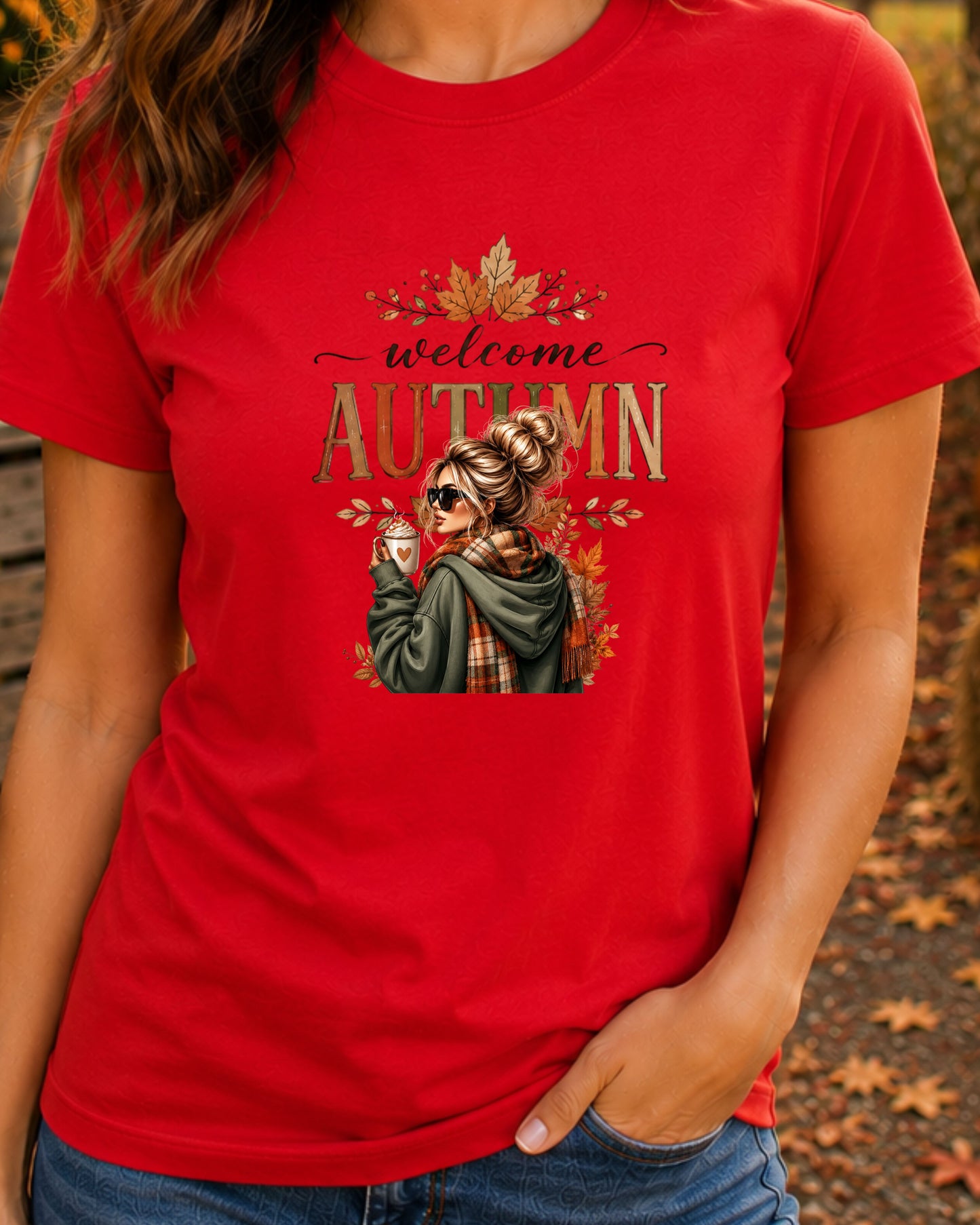 Welcome Autumn Cozy Fall Girl with Coffee Design Fall Season T-Shirt