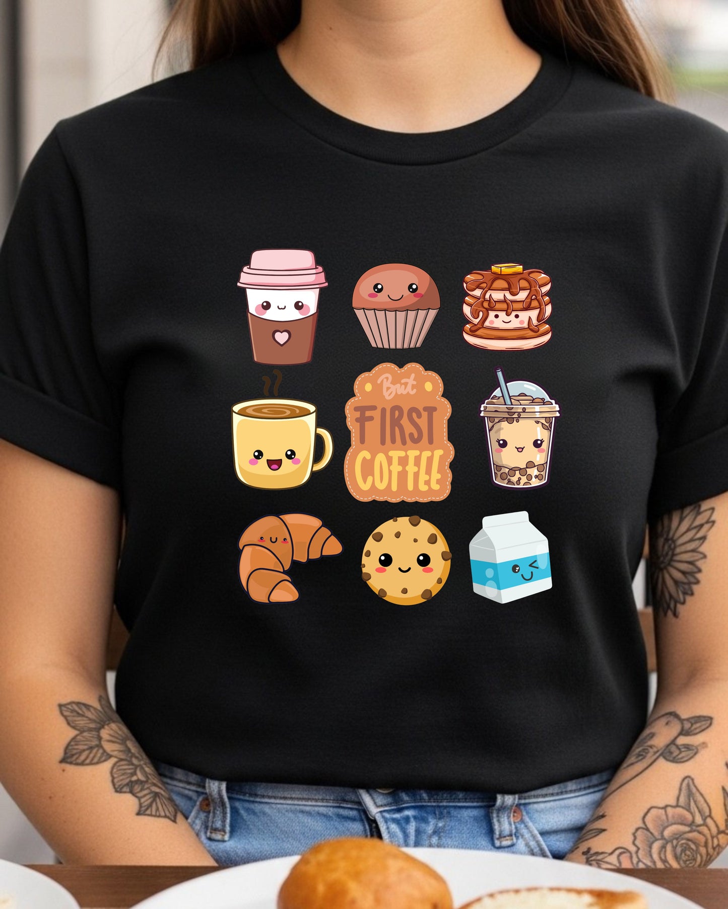 Kawaii Breakfast Coffee T‑Shirt PNG – Cute But First Coffee Graphic with Pancakes, Boba, Croissant & Smiling Café Characters for DTG & Sublimation
