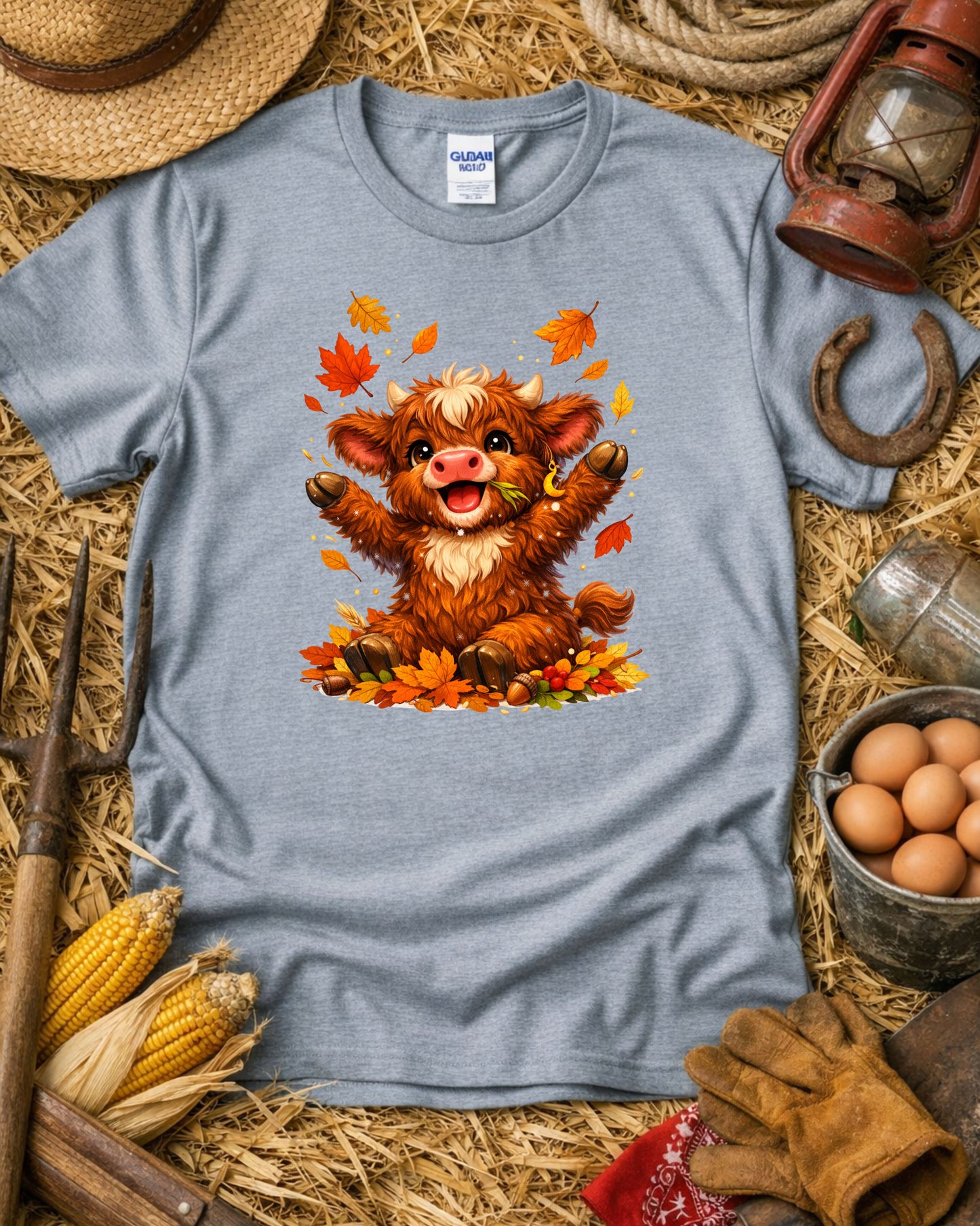 Autumn Highland Cow Clipart – Cute Fall Cow PNG, Kawaii Baby Cow Illustration, Rustic Fall Leaves Animal Art for Sublimation & Kids Decor