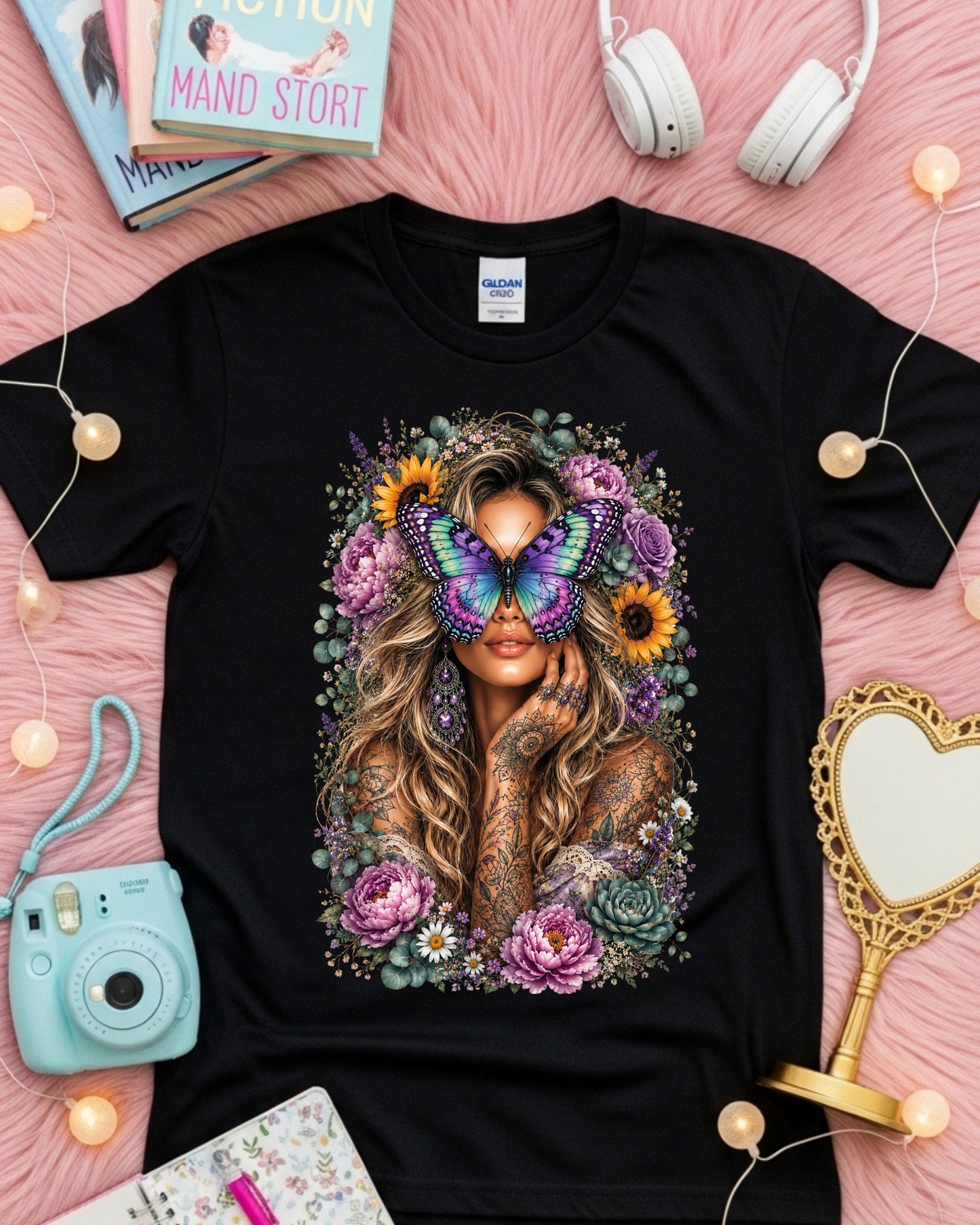 Boho Butterfly Woman Shirt, Blonde Floral Tattoo Tee,
