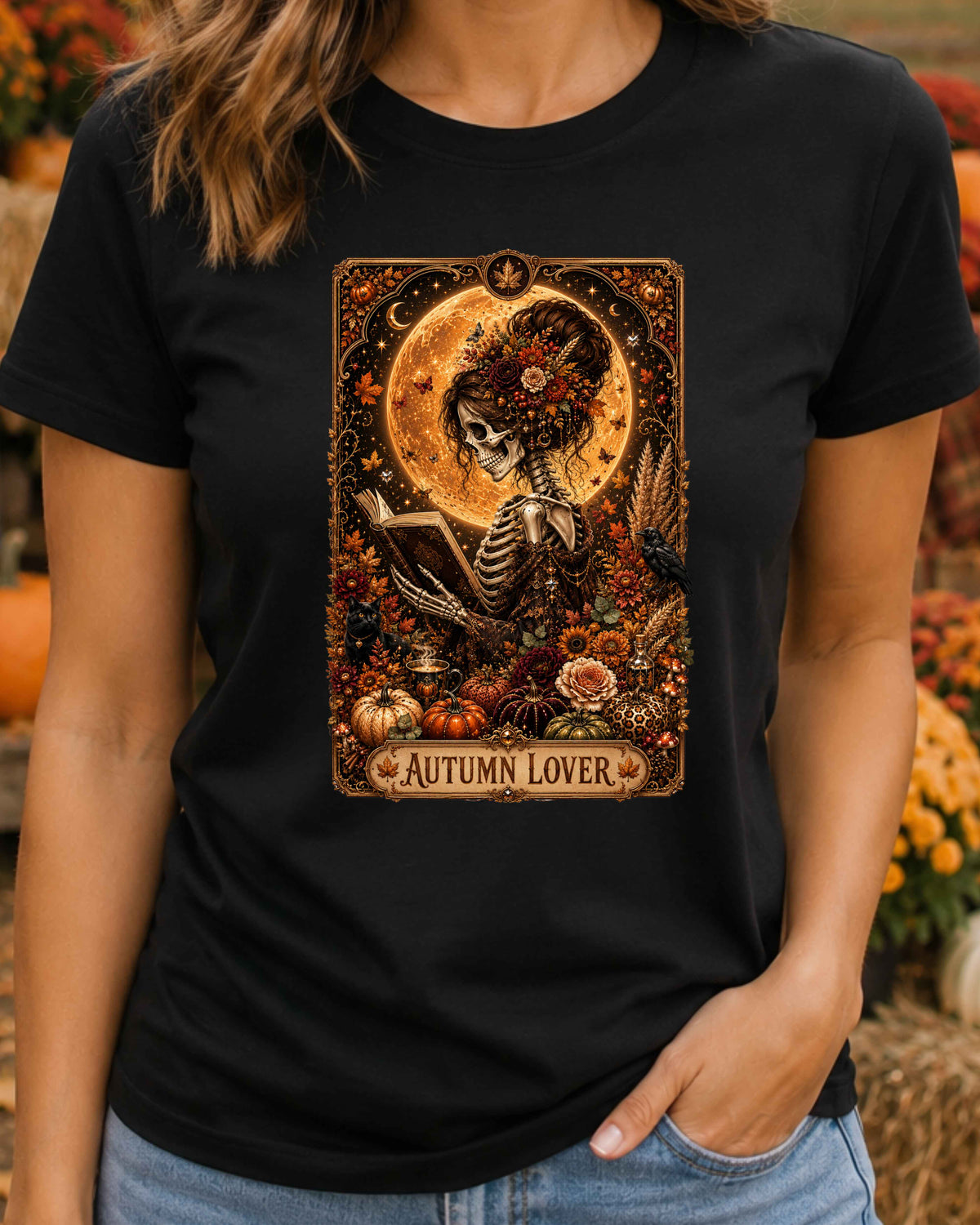 Autumn Gothic Lover Skeleton Witchy Tarot Card T-Shirt