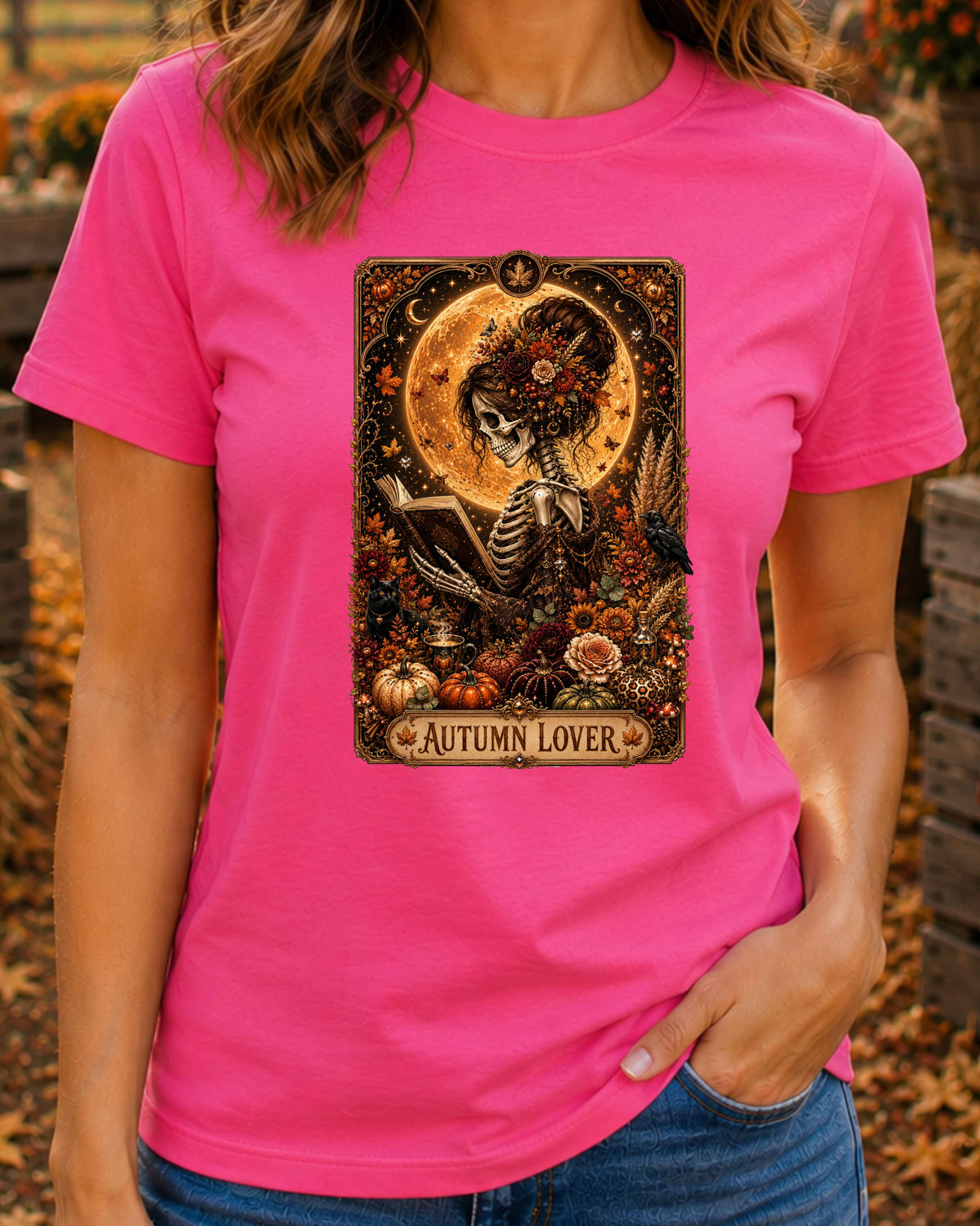Autumn Gothic Lover Skeleton Witchy Tarot Card T-Shirt