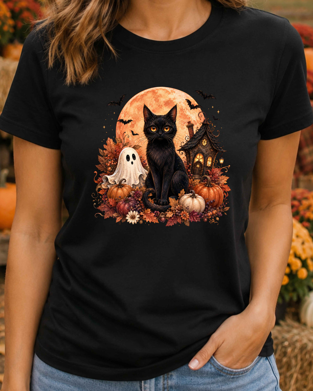 Black Cat Spooky Ghost Vintage Halloween T-Shirt