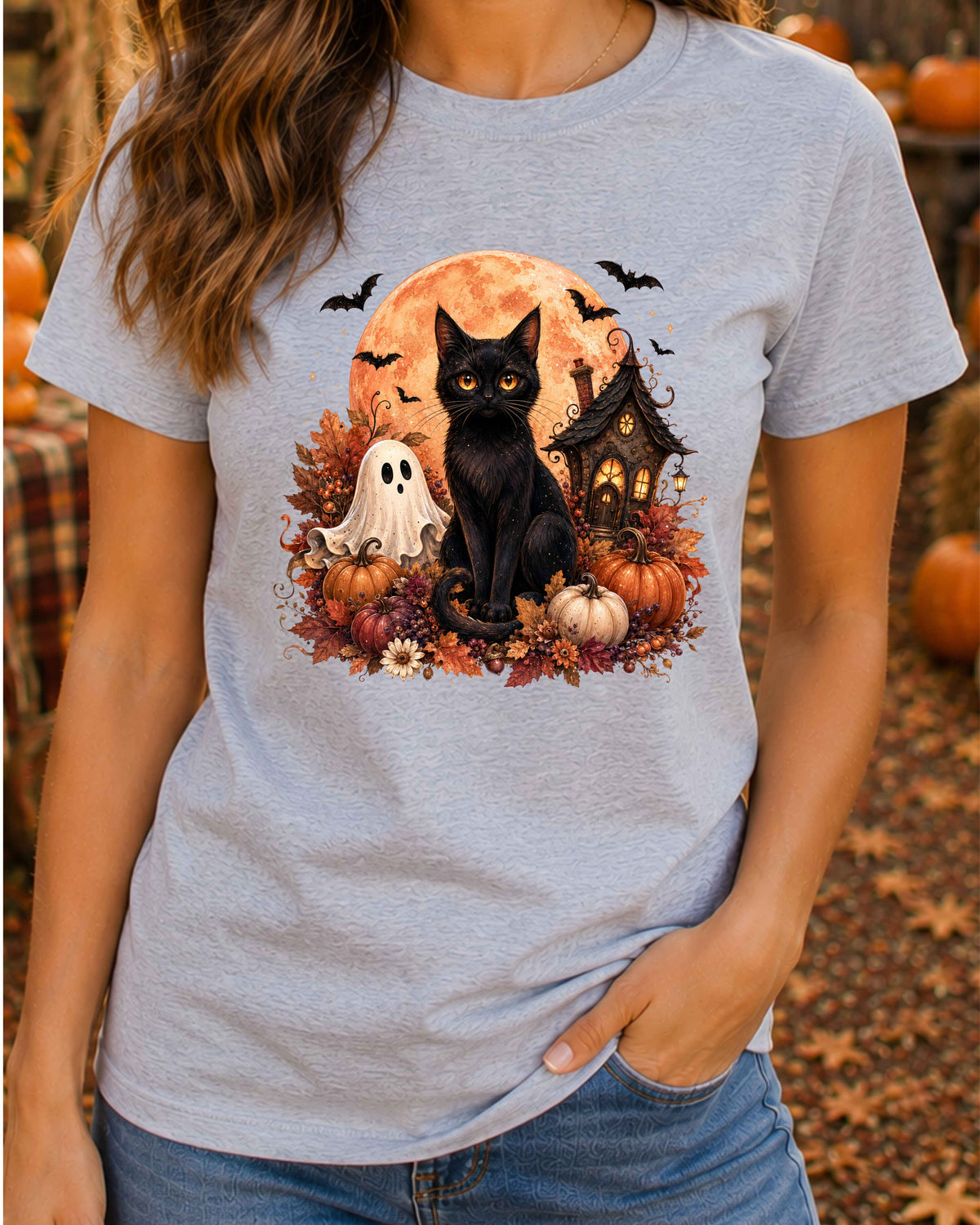 Black Cat Spooky Ghost Vintage Halloween T-Shirt