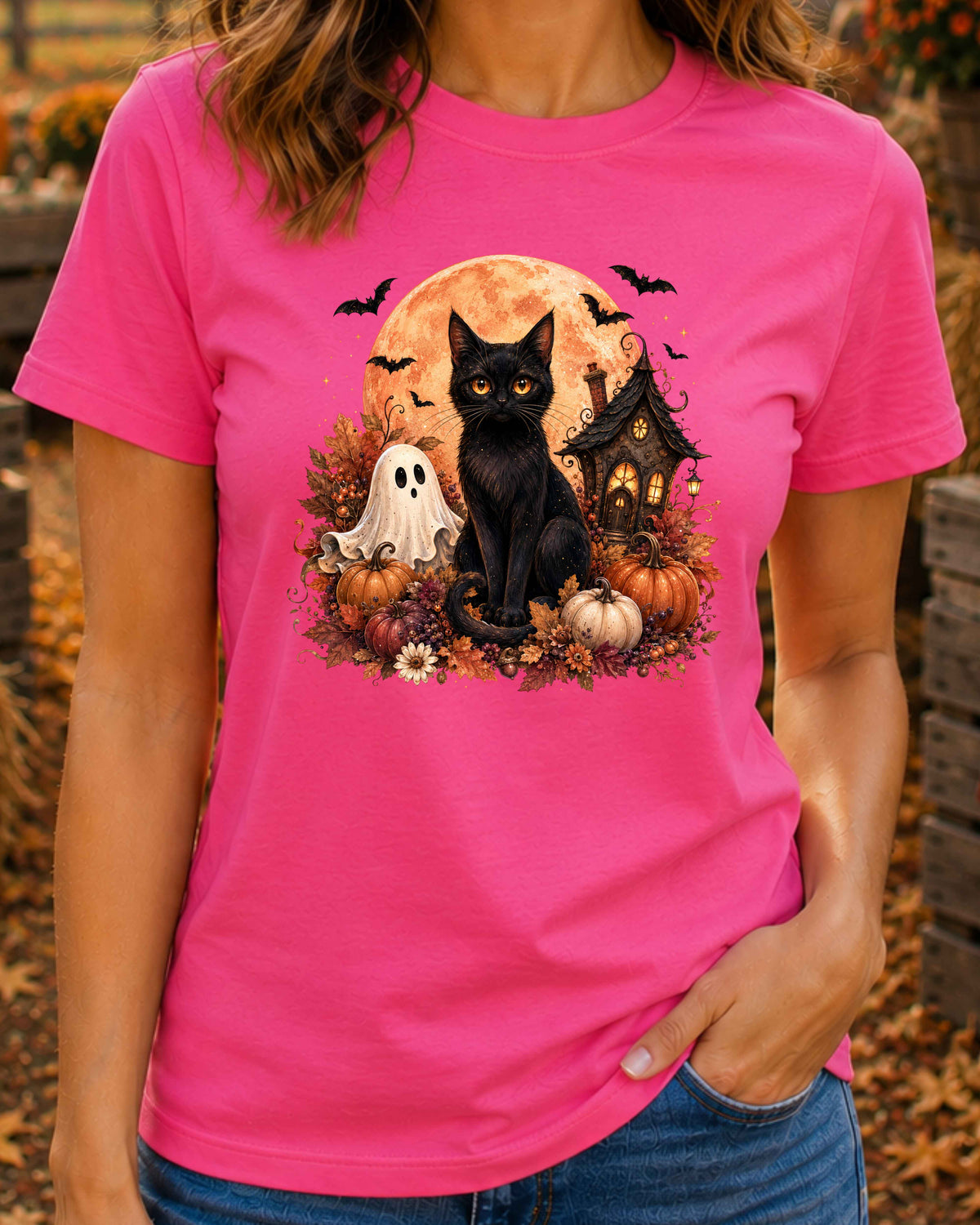 Black Cat Spooky Ghost Vintage Halloween T-Shirt