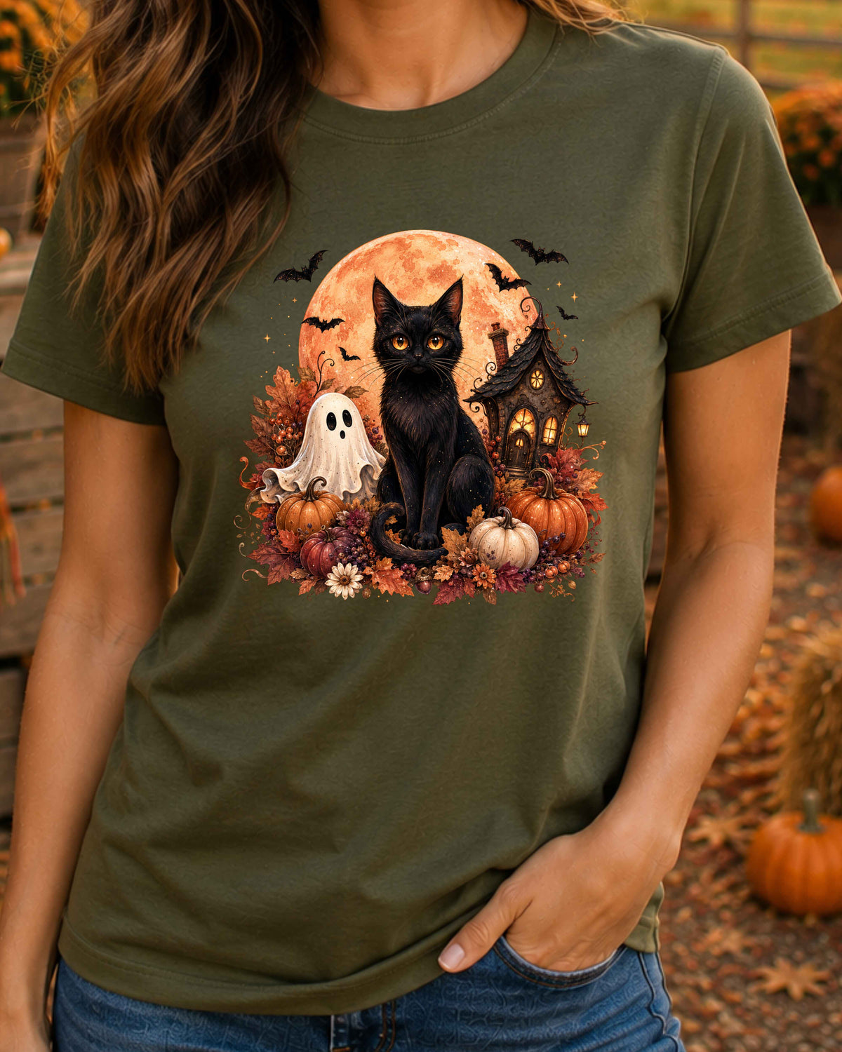 Black Cat Spooky Ghost Vintage Halloween T-Shirt