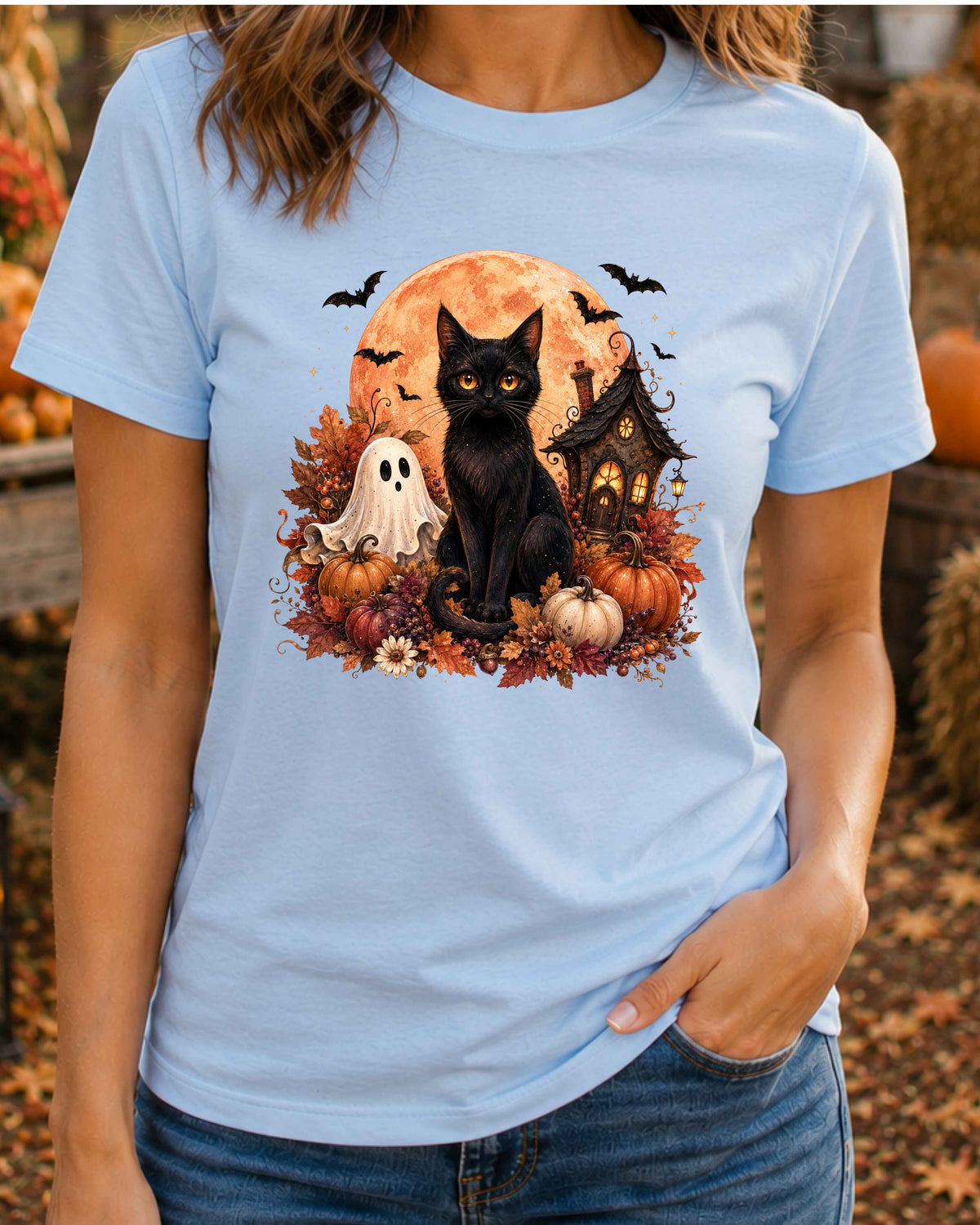 Black Cat Spooky Ghost Vintage Halloween T-Shirt