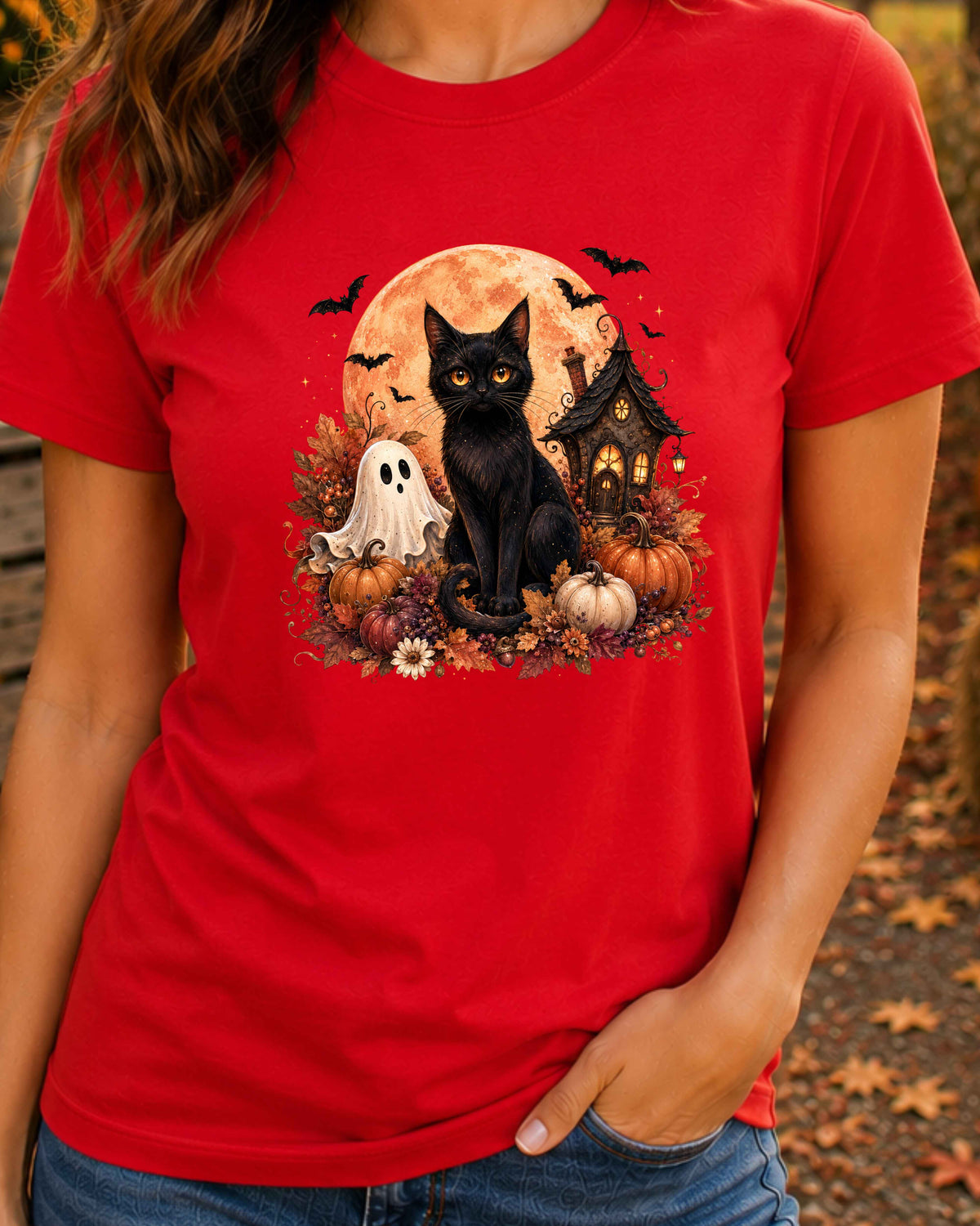 Black Cat Spooky Ghost Vintage Halloween T-Shirt