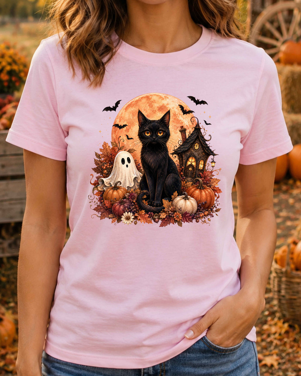Black Cat Spooky Ghost Vintage Halloween T-Shirt