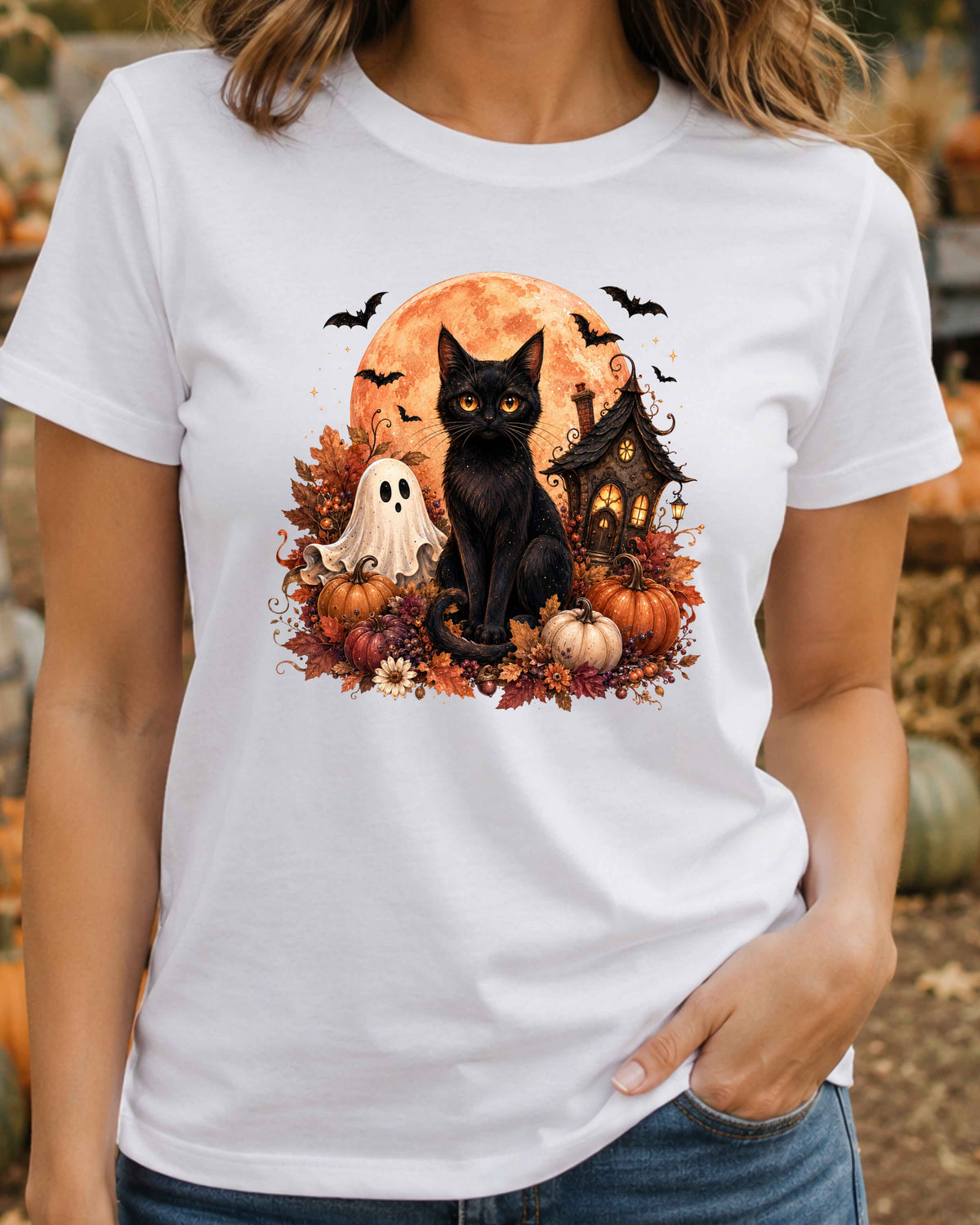 Black Cat Spooky Ghost Vintage Halloween T-Shirt