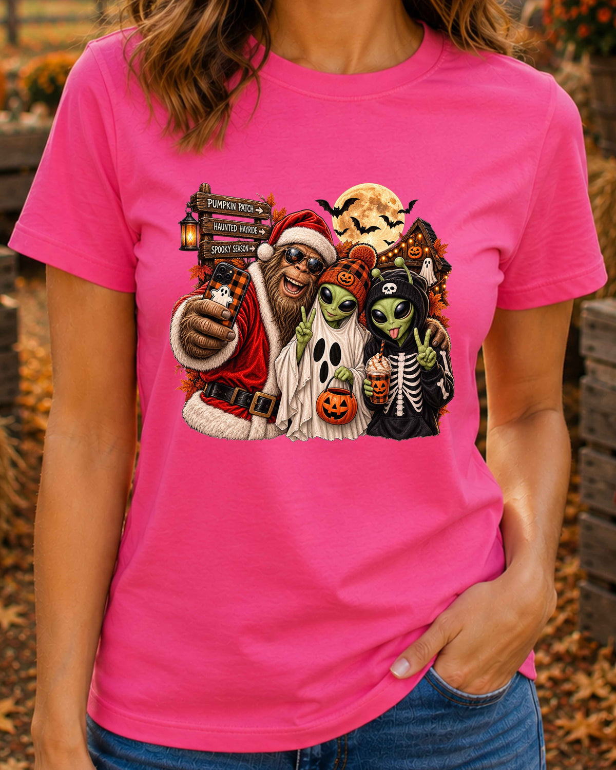 Alien, Bigfoot, Funny Sasquatch Ghost Pumpkin Autumn T-Shirt