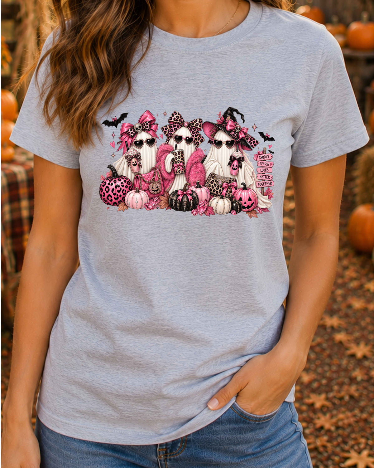 Pink Ghost Halloween T-Shirt, Girly Spooky Season Shirt, Leopard Print Ghosts, Coquette Halloween T-Shirt