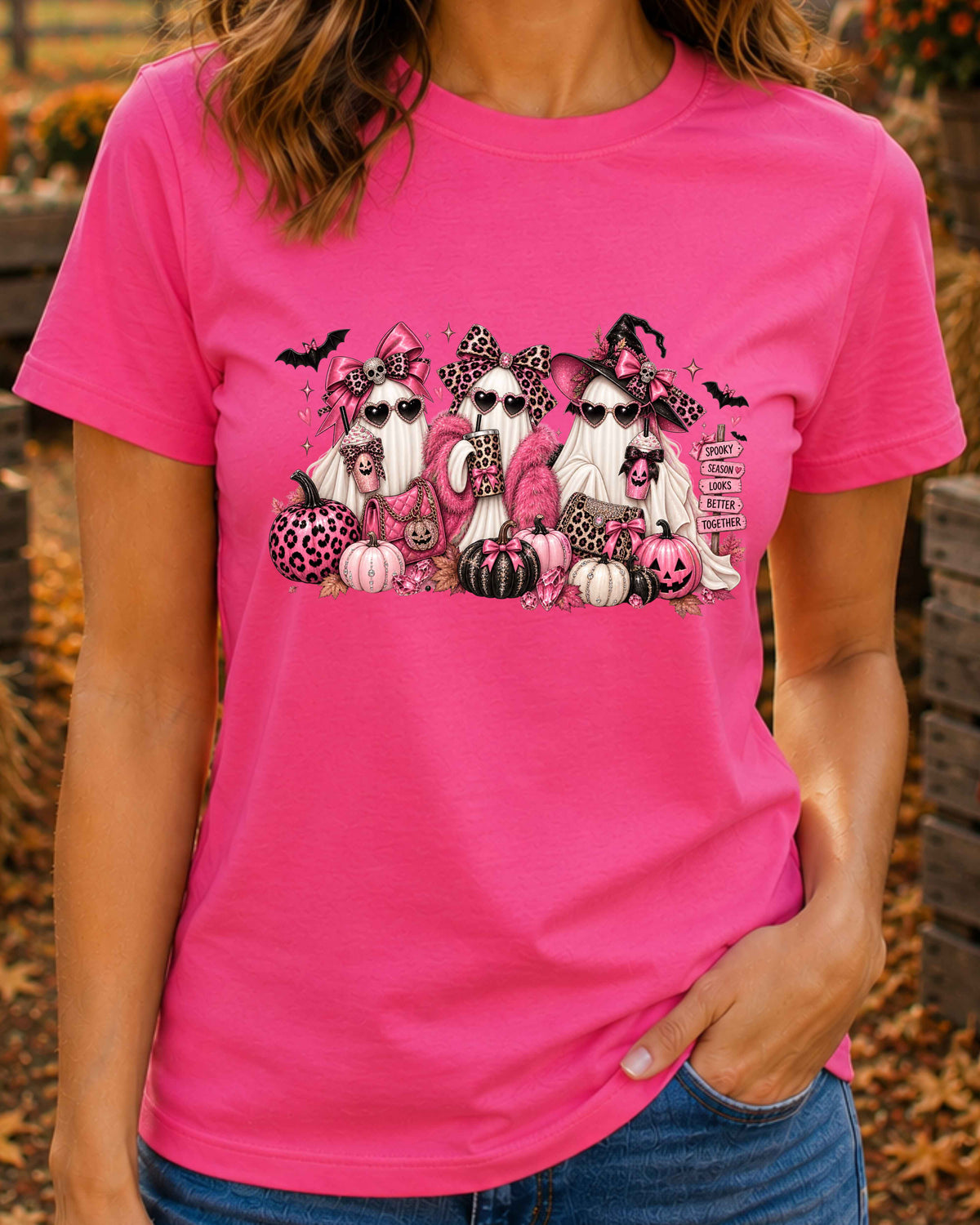 Pink Ghost Halloween T-Shirt, Girly Spooky Season Shirt, Leopard Print Ghosts, Coquette Halloween T-Shirt
