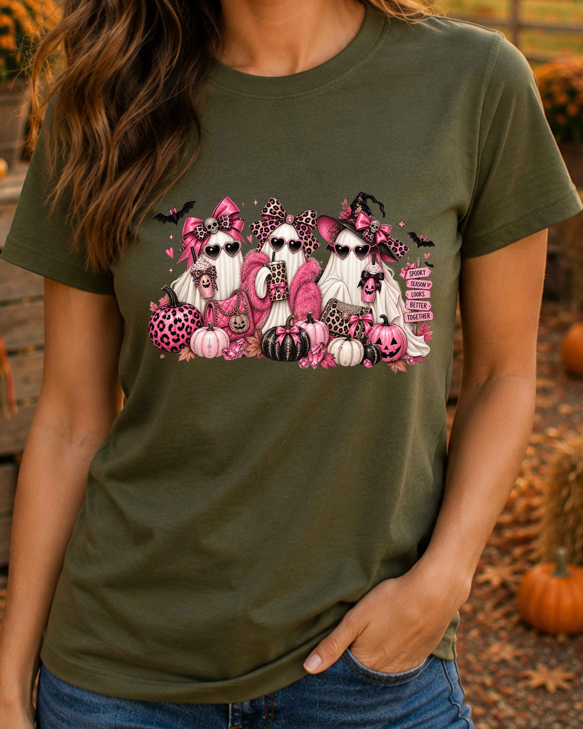 Pink Ghost Halloween T-Shirt, Girly Spooky Season Shirt, Leopard Print Ghosts, Coquette Halloween T-Shirt