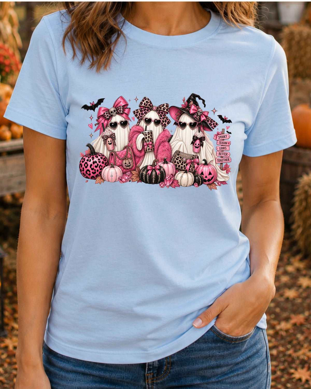 Pink Ghost Halloween T-Shirt, Girly Spooky Season Shirt, Leopard Print Ghosts, Coquette Halloween T-Shirt